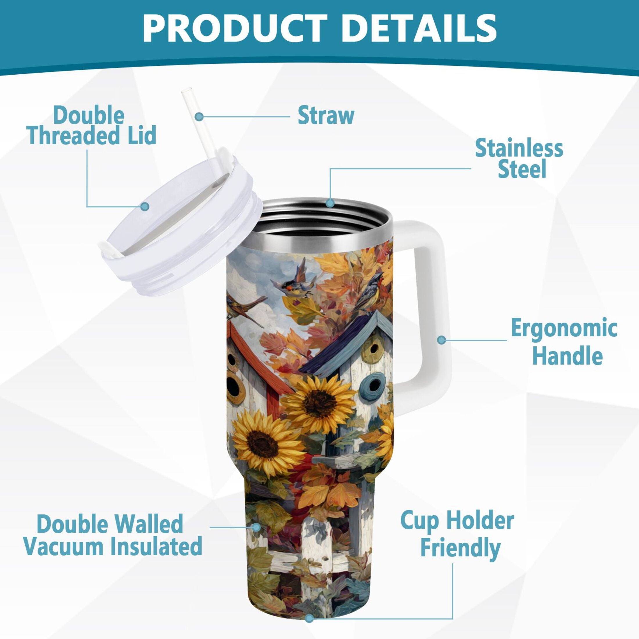 30 oz Insulated Stainless Steel Tumbler Double Wall Stainless Steel Tumbler with 2-Way Drinking Birdhouses with Sunflowers OZ4M