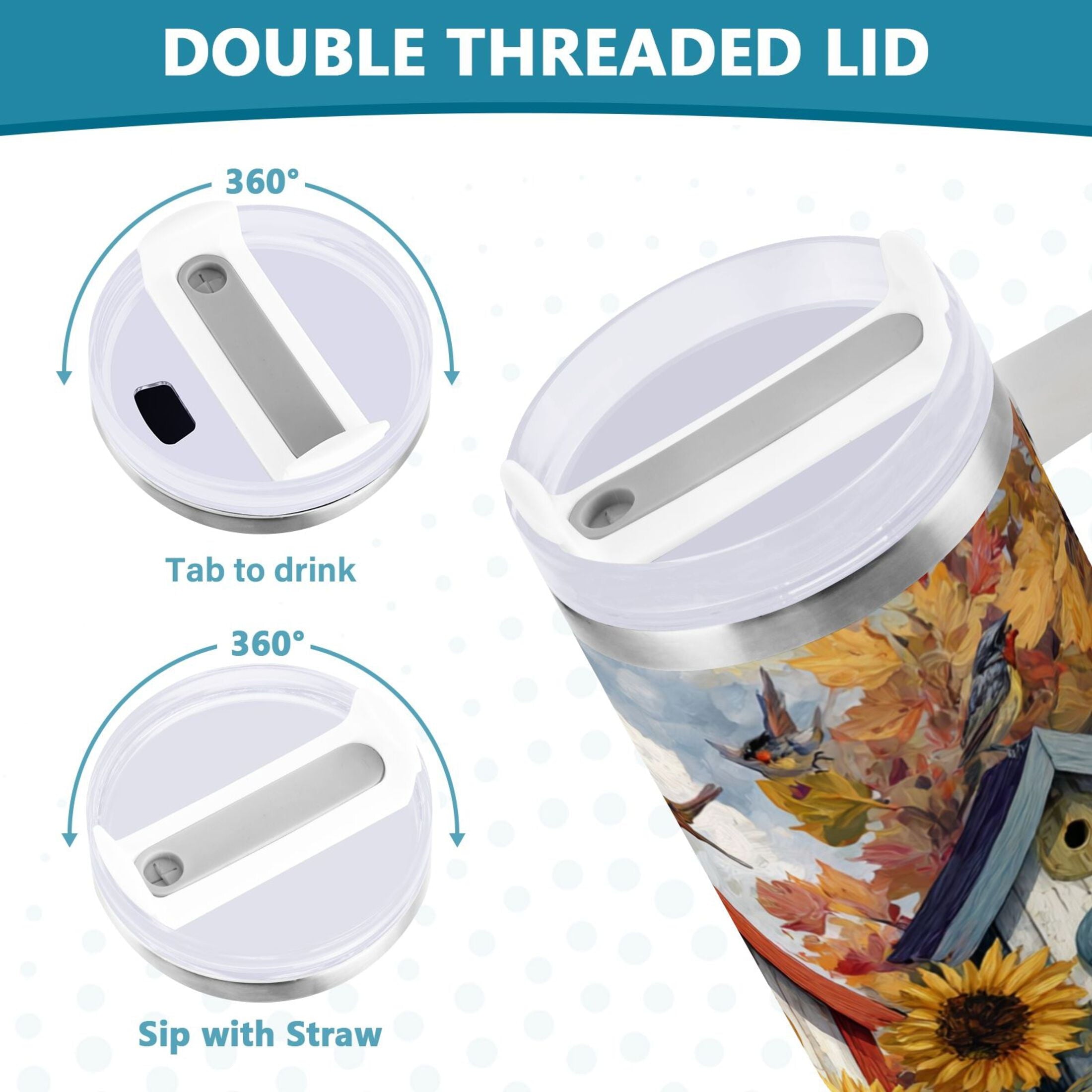 30 oz Insulated Stainless Steel Tumbler Double Wall Stainless Steel Tumbler with 2-Way Drinking Birdhouses with Sunflowers OZ4M