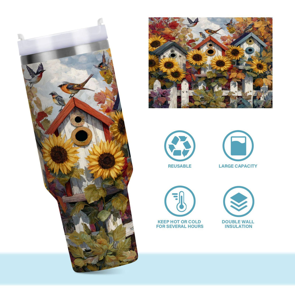 30 oz Insulated Stainless Steel Tumbler Double Wall Stainless Steel Tumbler with 2-Way Drinking Birdhouses with Sunflowers OZ4M