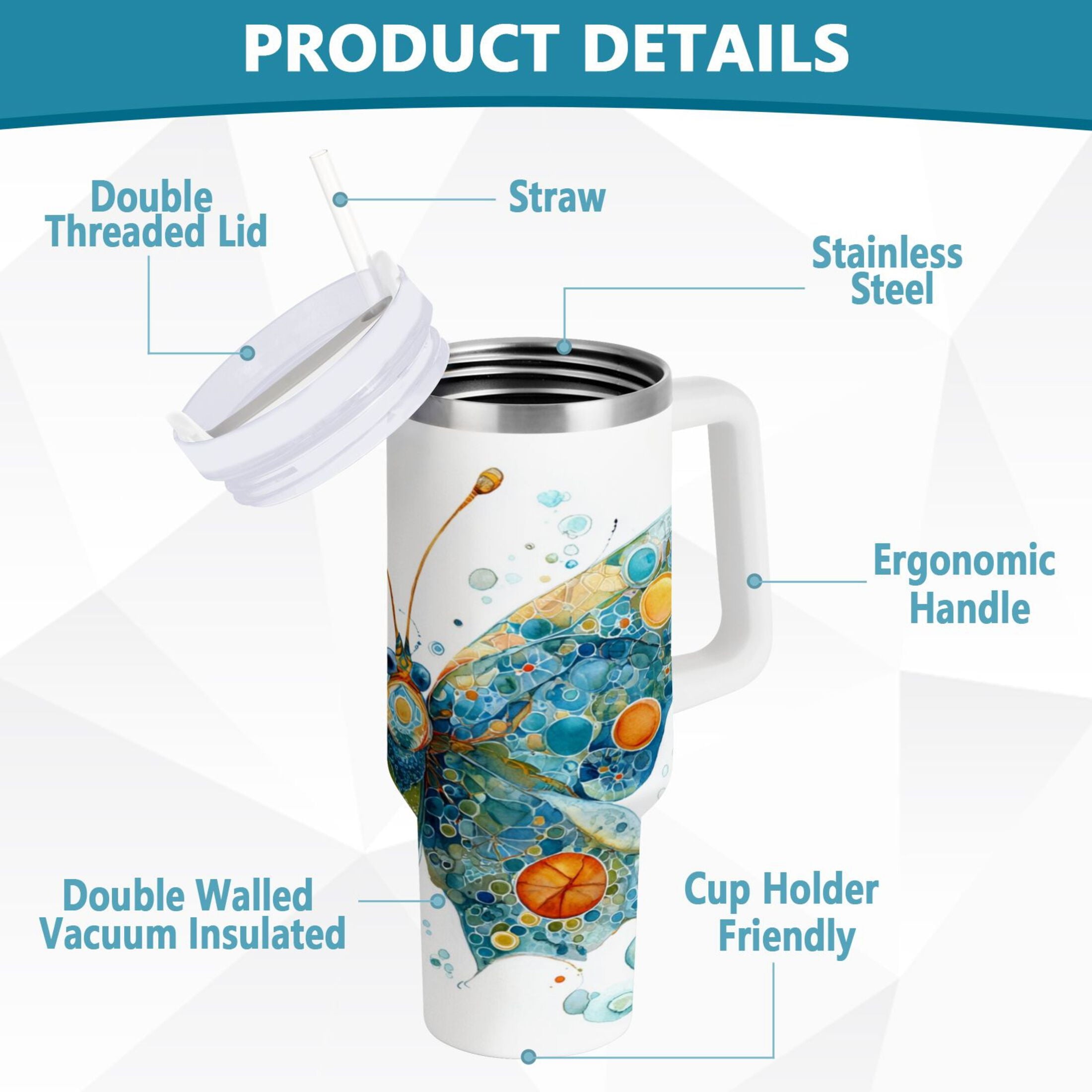 40 oz Insulated Stainless Steel Tumbler Double Wall Stainless Steel Tumbler with 2-Way Drinking Intricately Butterfly GMVZ