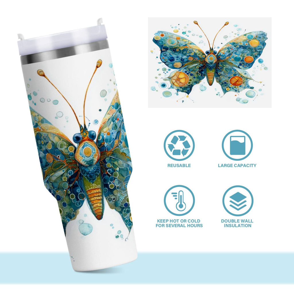 40 oz Insulated Stainless Steel Tumbler Double Wall Stainless Steel Tumbler with 2-Way Drinking Intricately Butterfly GMVZ