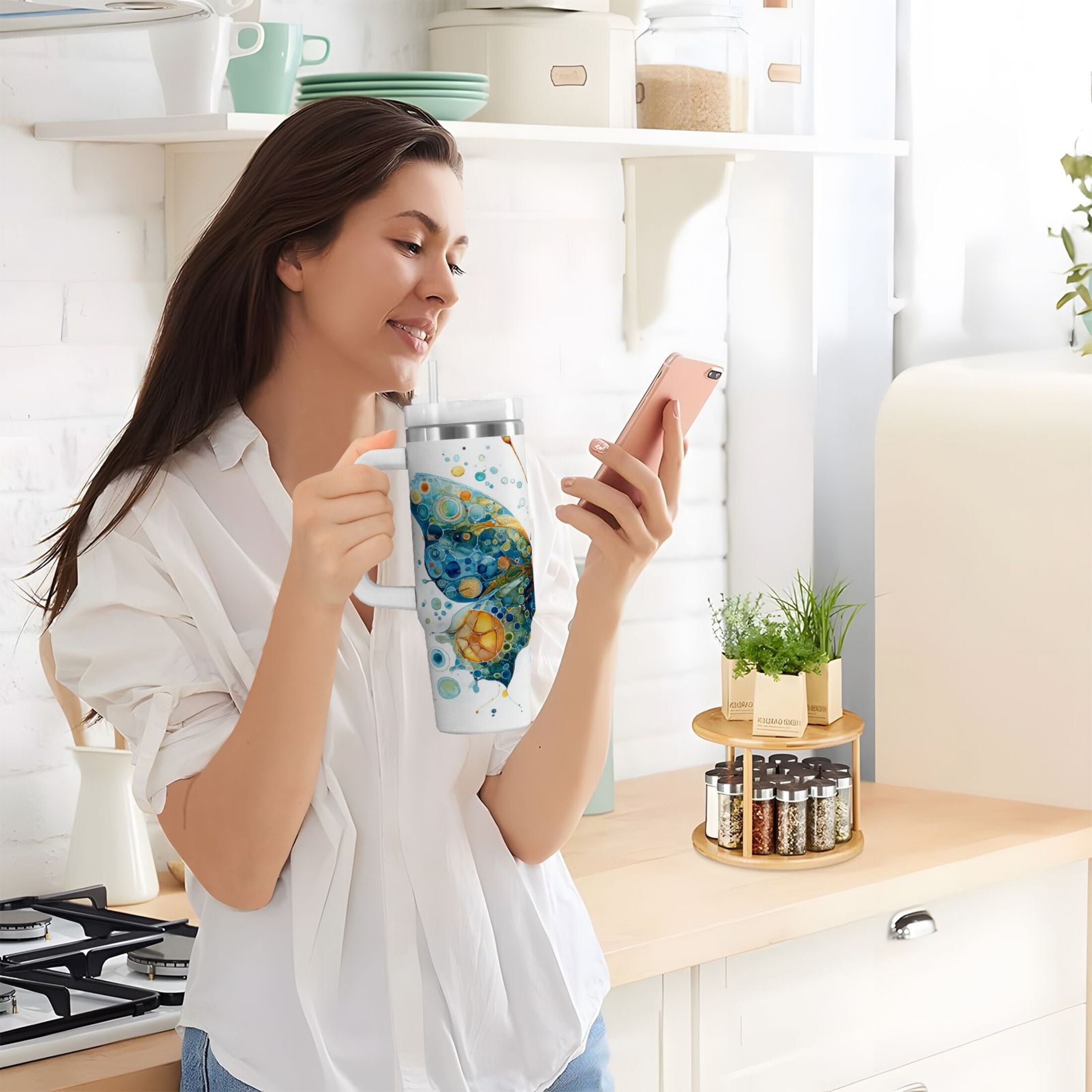 40 oz Insulated Stainless Steel Tumbler Double Wall Stainless Steel Tumbler with 2-Way Drinking Intricately Butterfly GMVZ