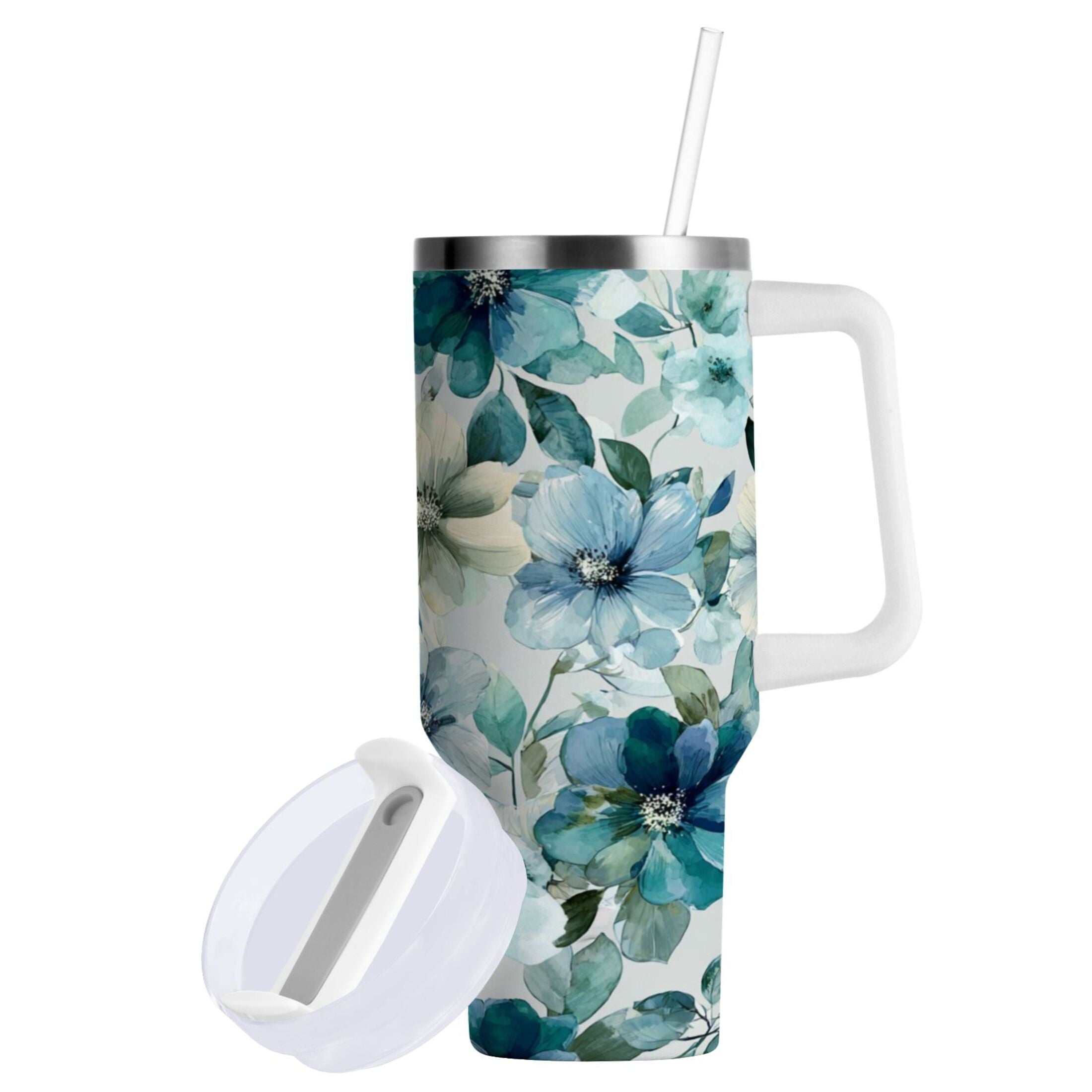30 oz Insulated Stainless Steel Tumbler Double Wall Stainless Steel Tumbler with 2-Way Drinking Blue and Green Flowers P3O5