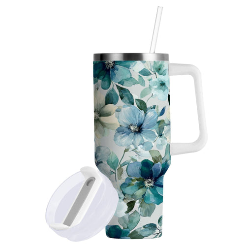 30 oz Insulated Stainless Steel Tumbler Double Wall Stainless Steel Tumbler with 2-Way Drinking Blue and Green Flowers P3O5