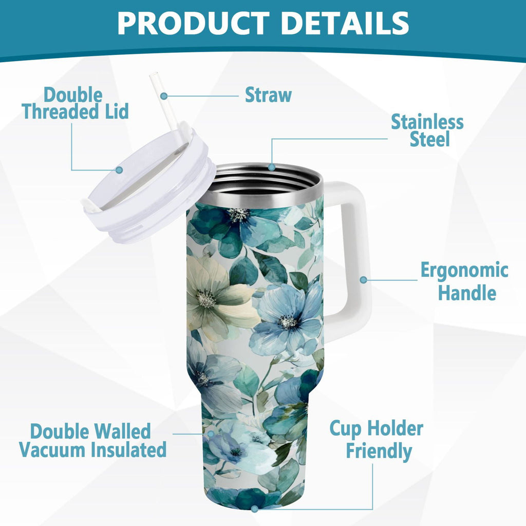 30 oz Insulated Stainless Steel Tumbler Double Wall Stainless Steel Tumbler with 2-Way Drinking Blue and Green Flowers P3O5