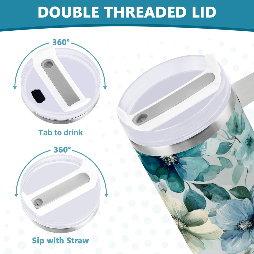 30 oz Insulated Stainless Steel Tumbler Double Wall Stainless Steel Tumbler with 2-Way Drinking Blue and Green Flowers P3O5