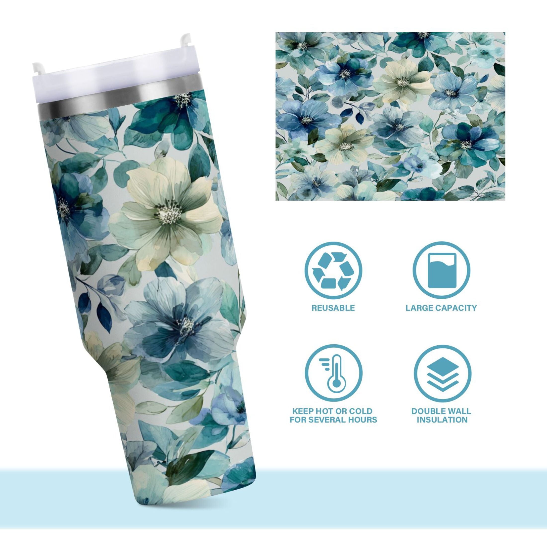30 oz Insulated Stainless Steel Tumbler Double Wall Stainless Steel Tumbler with 2-Way Drinking Blue and Green Flowers P3O5