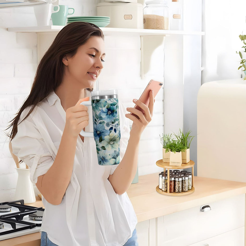 30 oz Insulated Stainless Steel Tumbler Double Wall Stainless Steel Tumbler with 2-Way Drinking Blue and Green Flowers P3O5