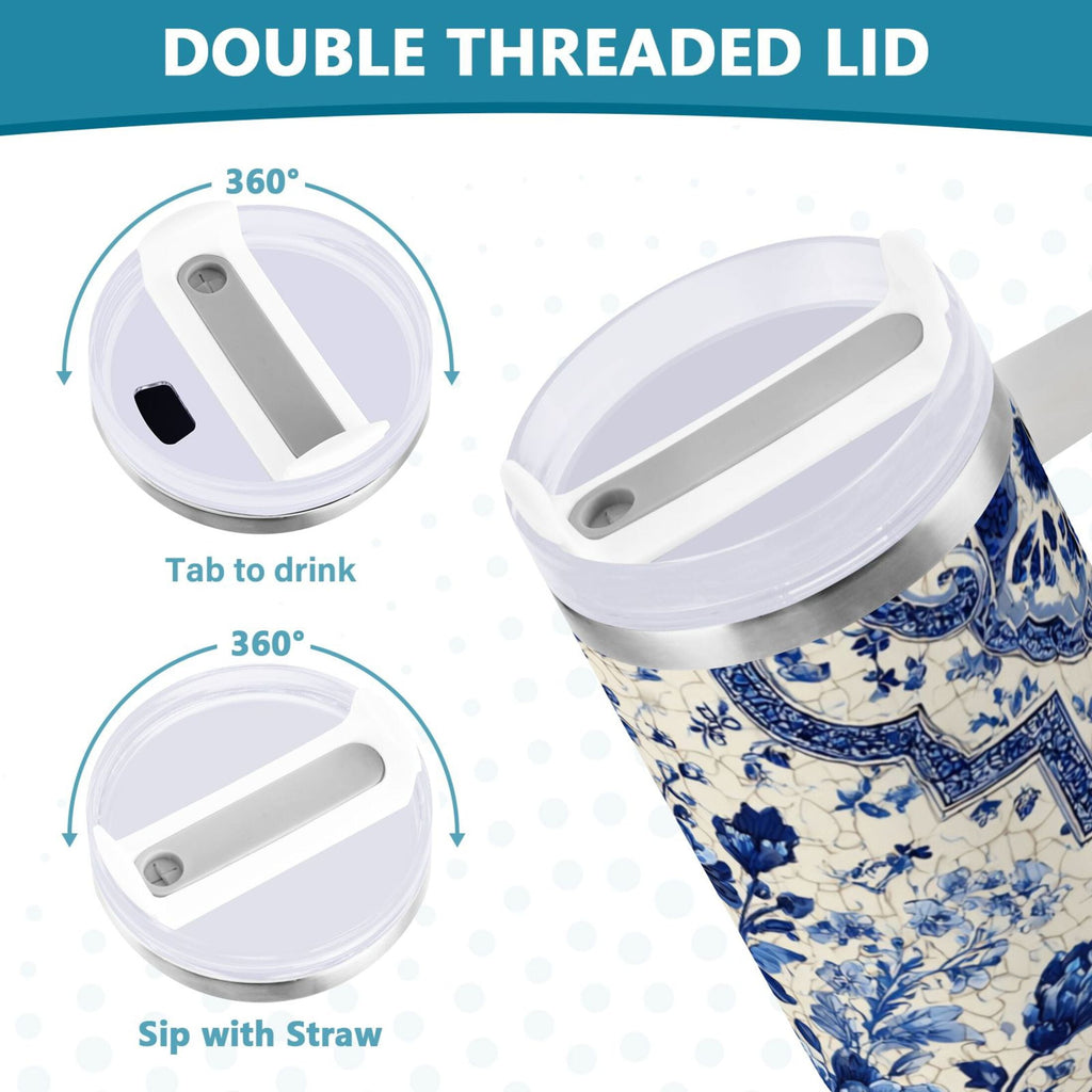30 oz Insulated Stainless Steel Tumbler Double Wall Stainless Steel Tumbler with 2-Way Drinking Blue and White Porcelain-style YG7Z