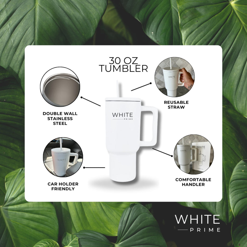 Tumbler 30 oz – Stainless Steel Cup with Handle and Lid | White Prime 076I