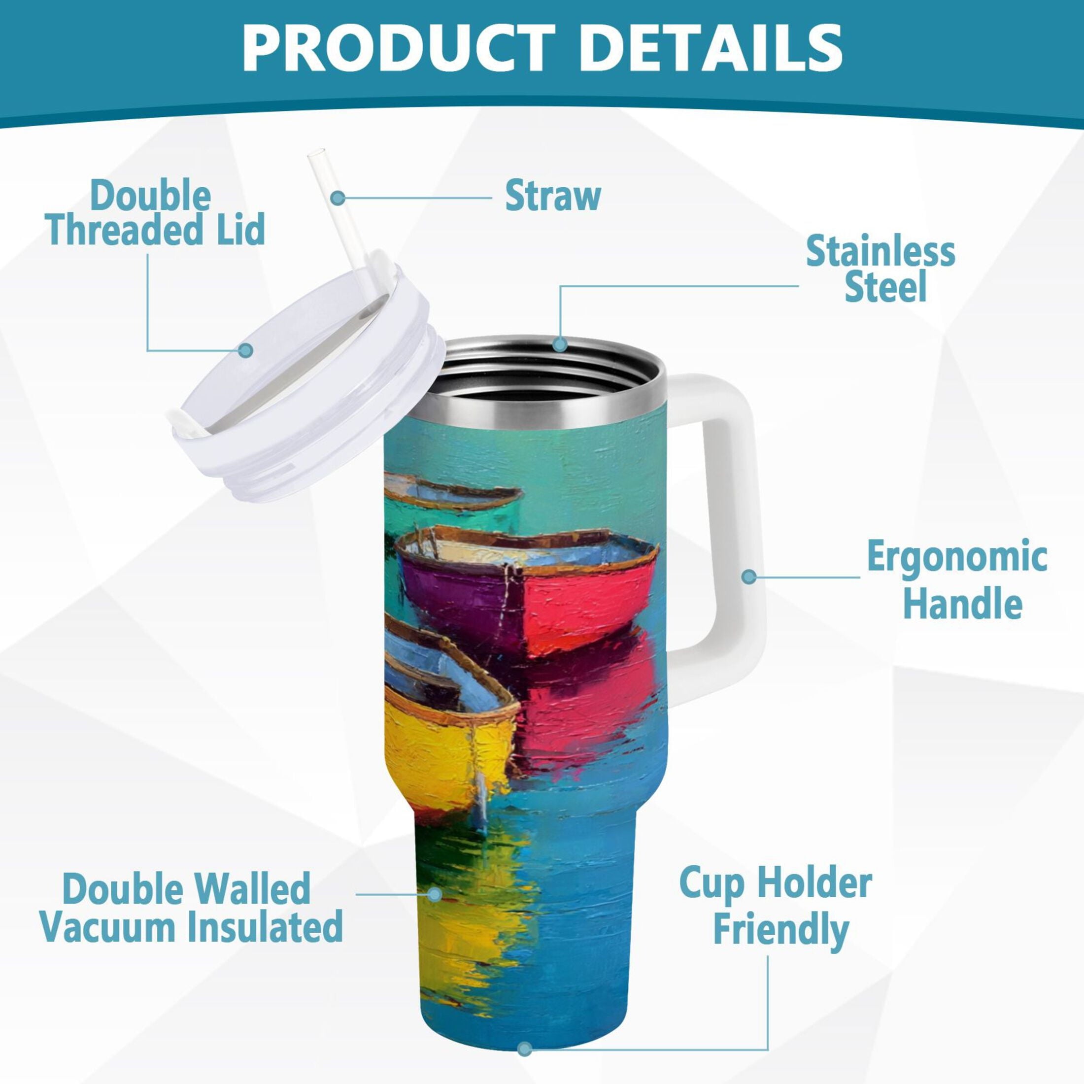 30 oz Insulated Stainless Steel Tumbler Double Wall Stainless Steel Tumbler with 2-Way Drinking Colorful Row Boats B56N