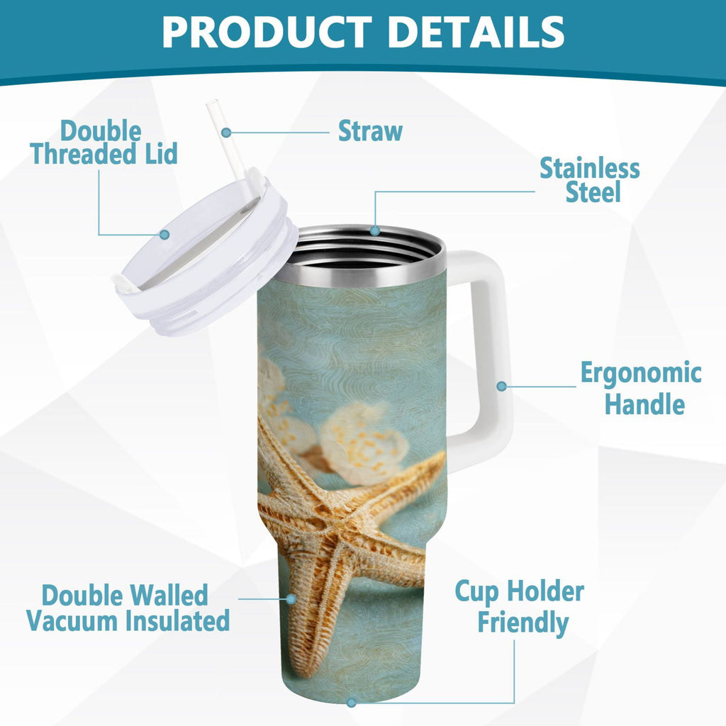 30 oz Insulated Stainless Steel Tumbler Double Wall Stainless Steel Tumbler with 2-Way Drinking Starfish with Flowers ENW3