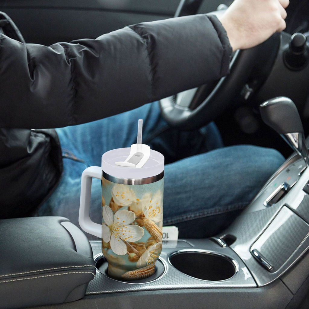 30 oz Insulated Stainless Steel Tumbler Double Wall Stainless Steel Tumbler with 2-Way Drinking Starfish with Flowers ENW3