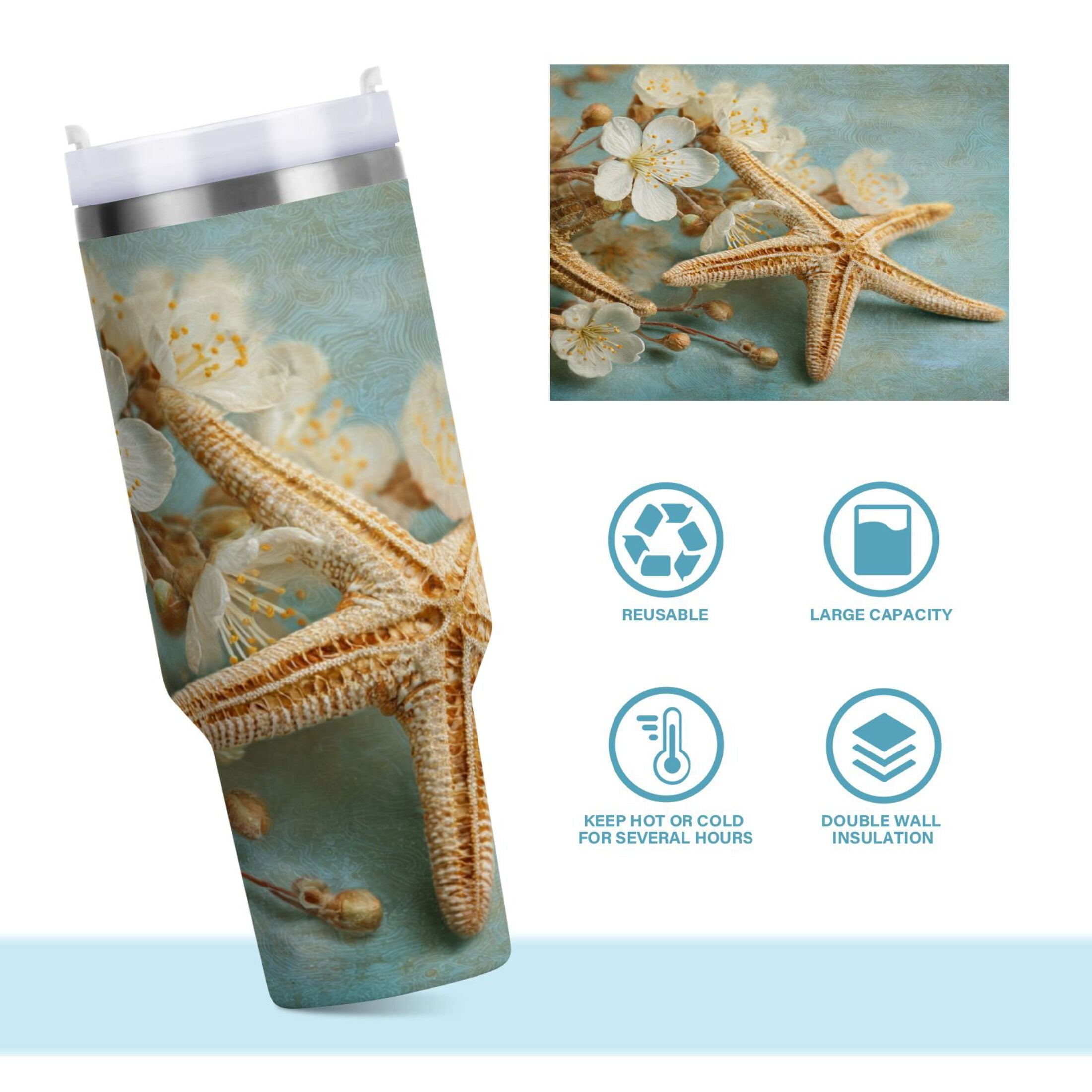 30 oz Insulated Stainless Steel Tumbler Double Wall Stainless Steel Tumbler with 2-Way Drinking Starfish with Flowers ENW3