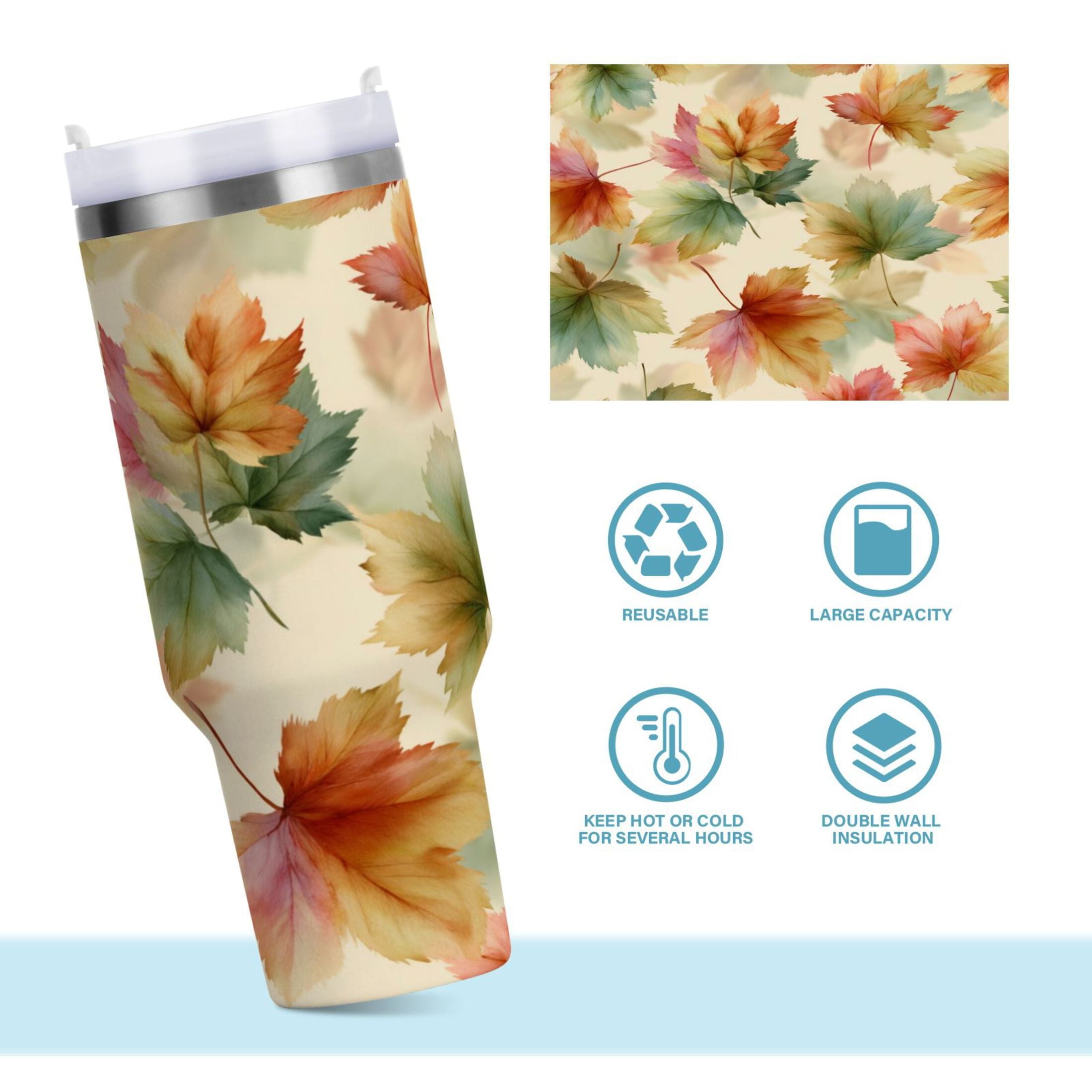 40 oz Insulated Stainless Steel Tumbler Double Wall Stainless Steel Tumbler with 2-Way Drinking Watercolor Maple Leaves Pattern XNND