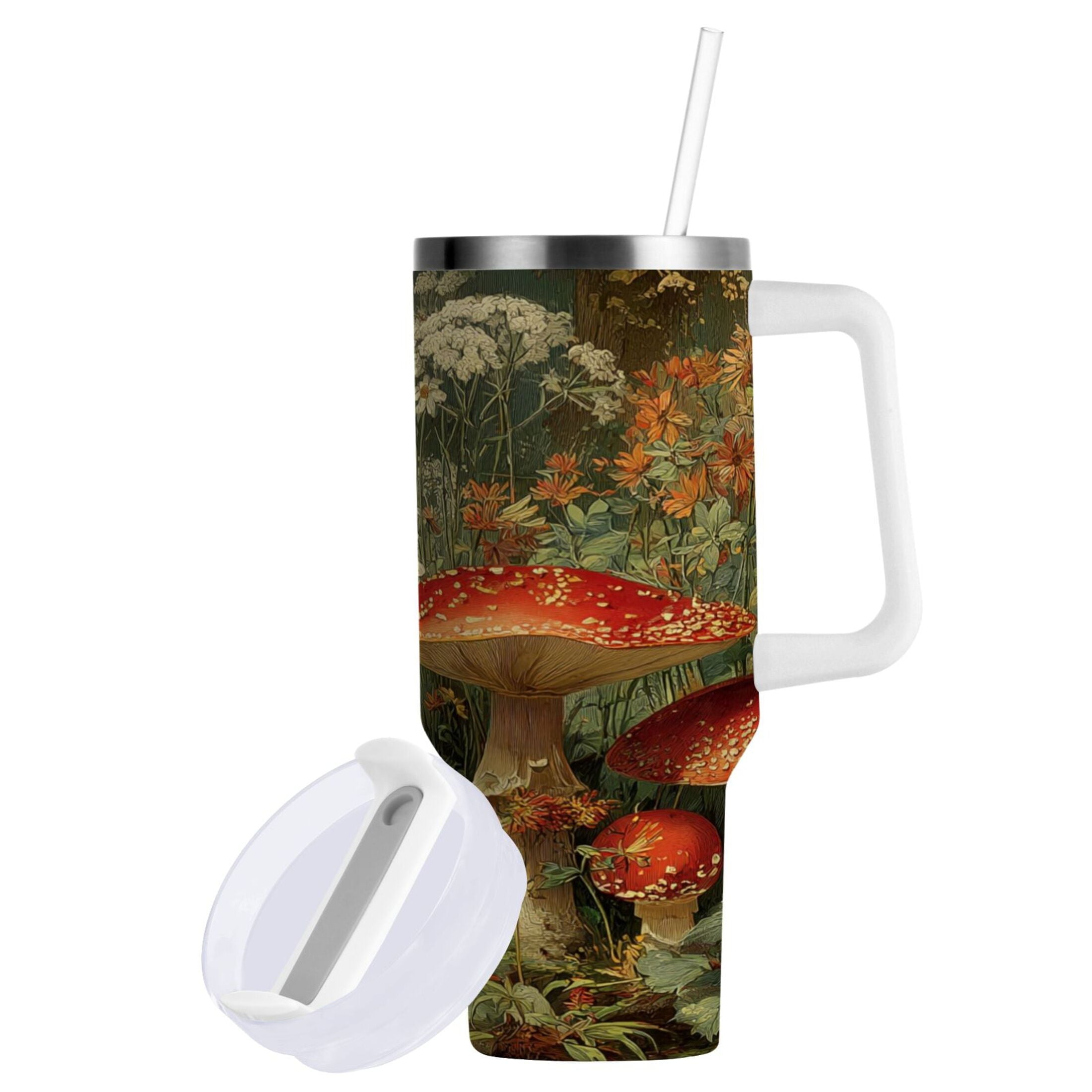 40 oz Insulated Stainless Steel Tumbler Double Wall Stainless Steel Tumbler with 2-Way Drinking Red Mushrooms A64G