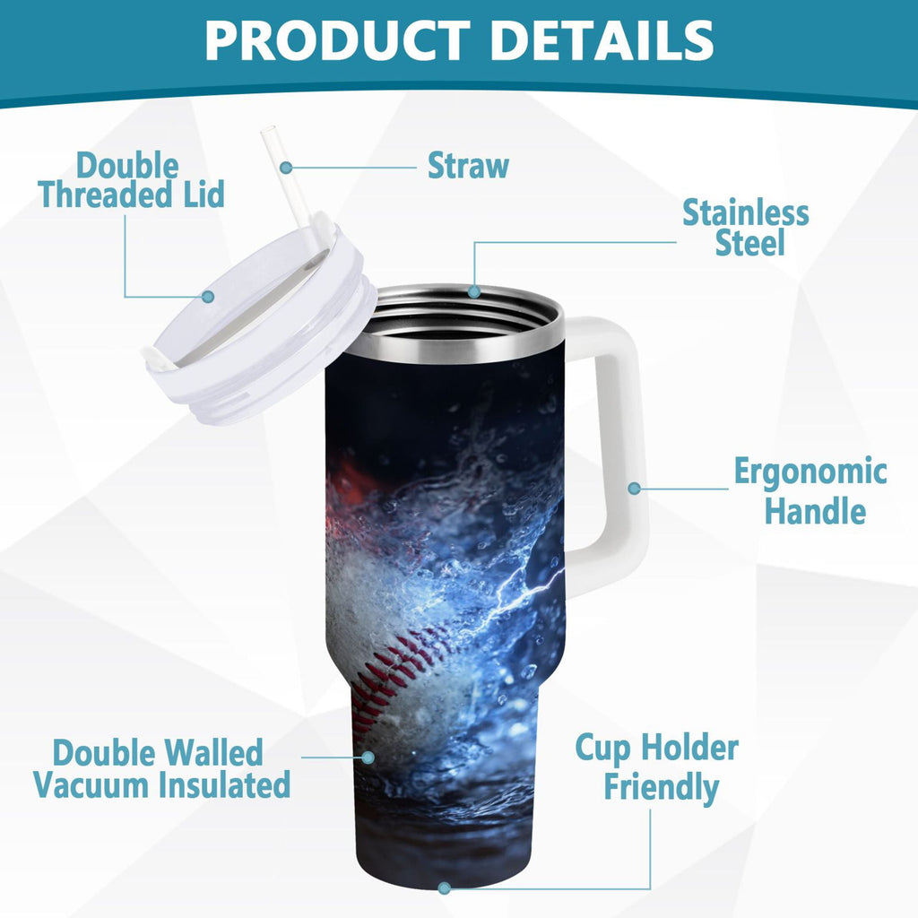 40 oz Insulated Stainless Steel Tumbler Double Wall Stainless Steel Tumbler with 2-Way Drinking Baseball with Water and Fire L5AH