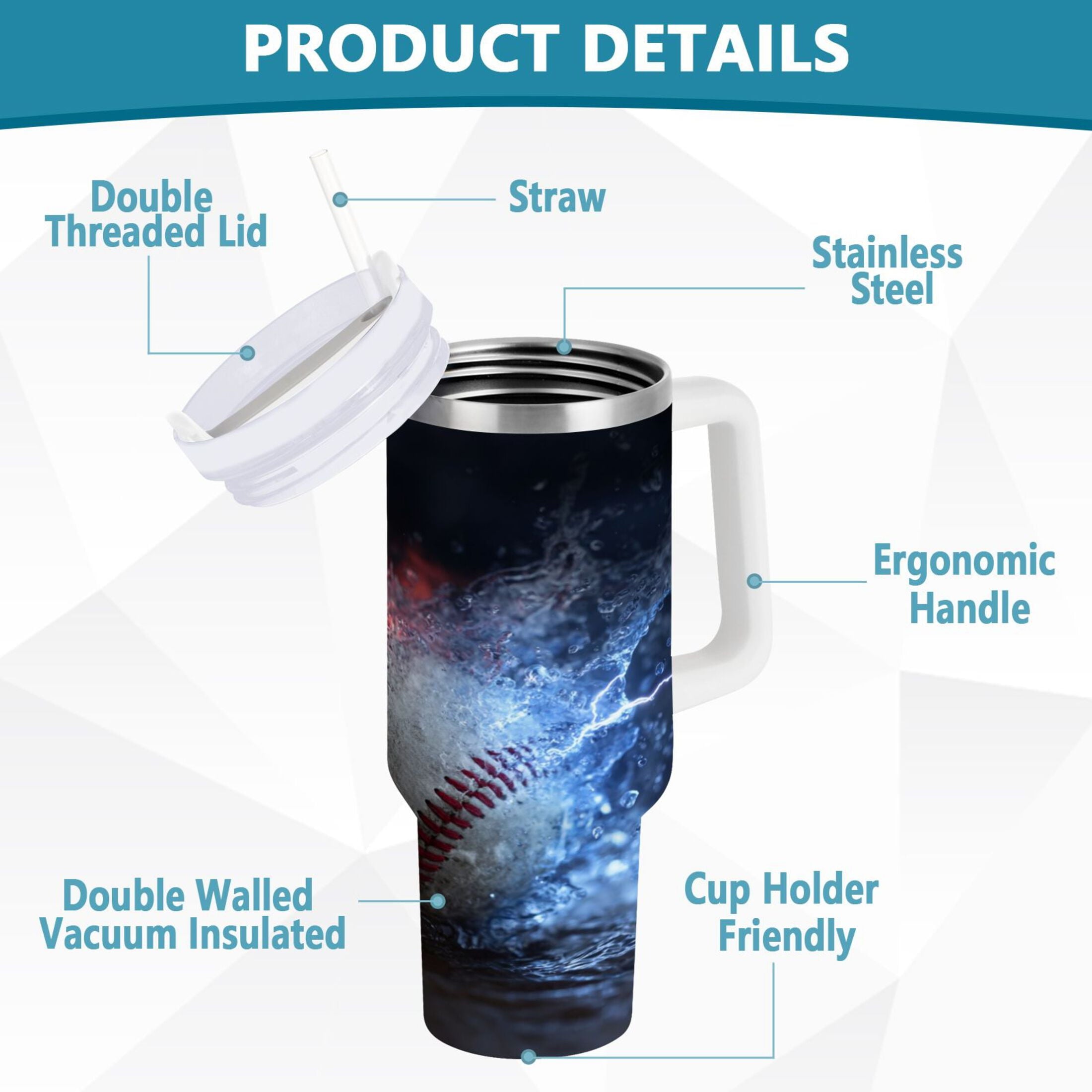 40 oz Insulated Stainless Steel Tumbler Double Wall Stainless Steel Tumbler with 2-Way Drinking Baseball with Water and Fire L5AH