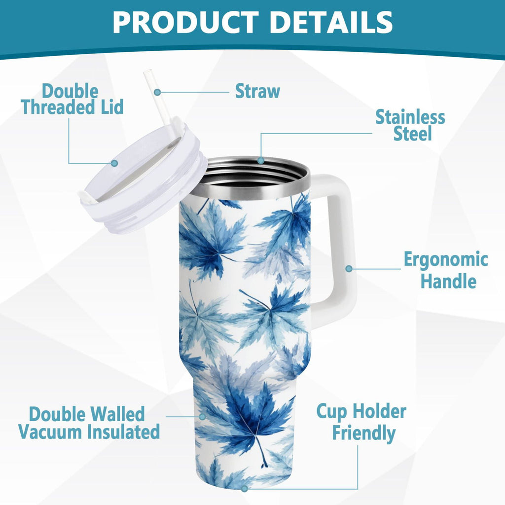 30 oz Insulated Stainless Steel Tumbler Double Wall Stainless Steel Tumbler with 2-Way Drinking Abstract Blue Maple Leaves A3LR