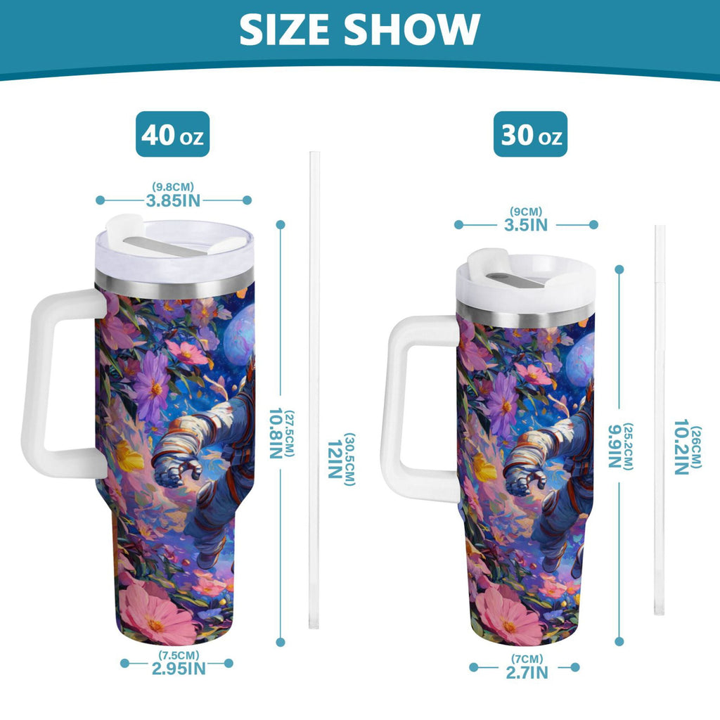 40 oz Insulated Stainless Steel Tumbler Double Wall Stainless Steel Tumbler with 2-Way Drinking Astronaut and Colorful Flowers 2CCT