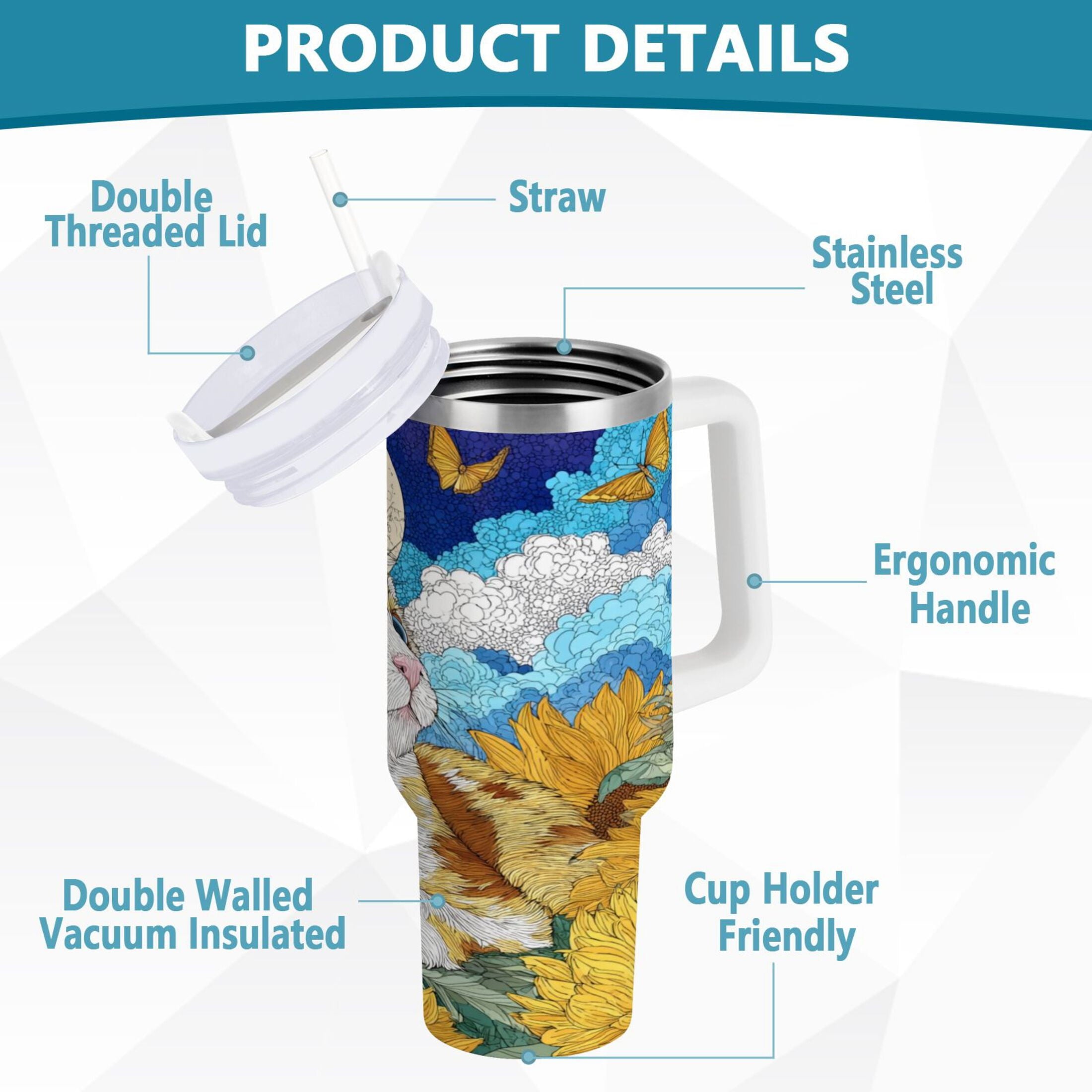 40 oz Insulated Stainless Steel Tumbler Double Wall Stainless Steel Tumbler with 2-Way Drinking Cat Lies in The Sunflowers J4EV