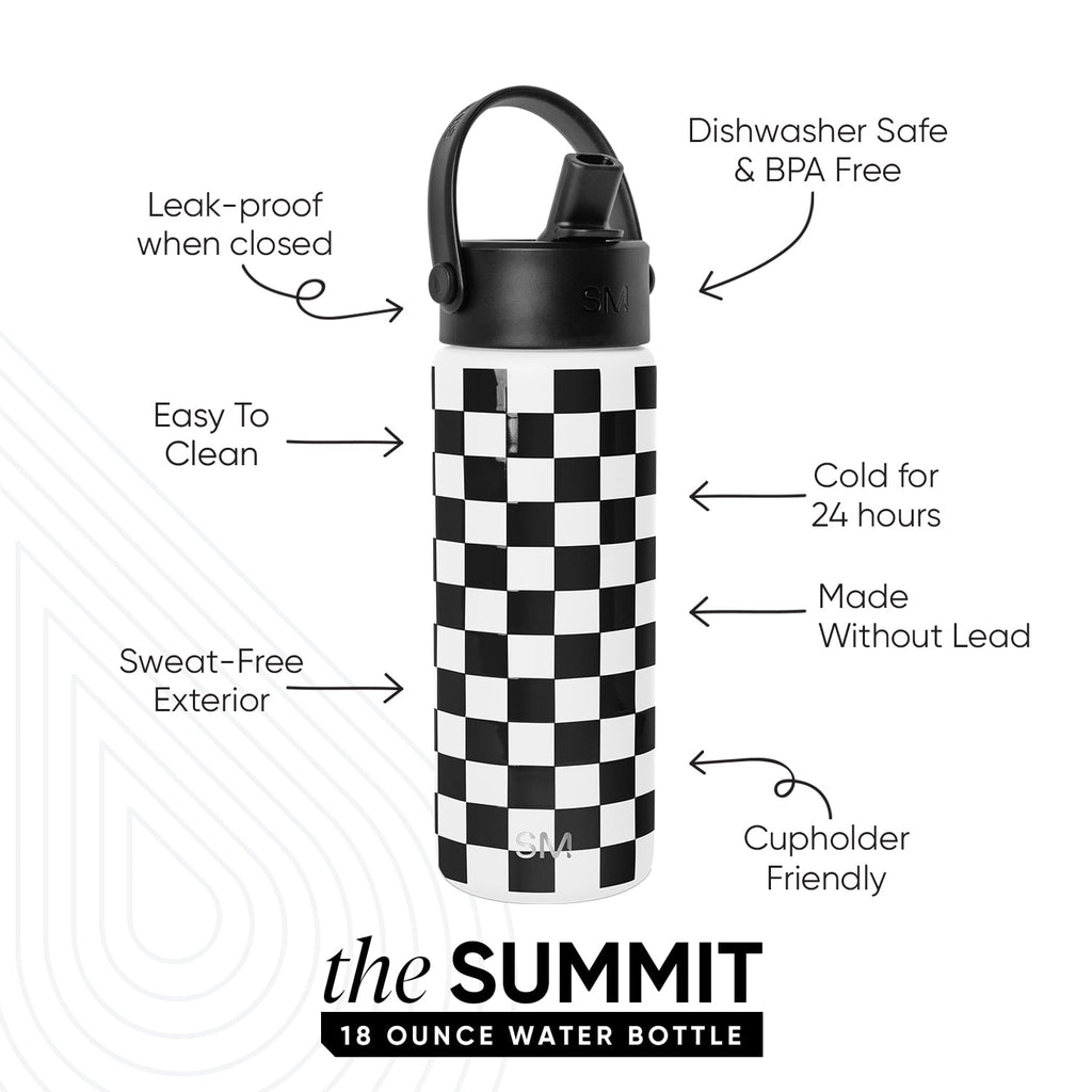 Simple Modern 18 fl oz Insulated Stainless Steel Summit Wide Mouth Water Bottle with Handle and Straw Lid|Black and White Checkmate YNCR