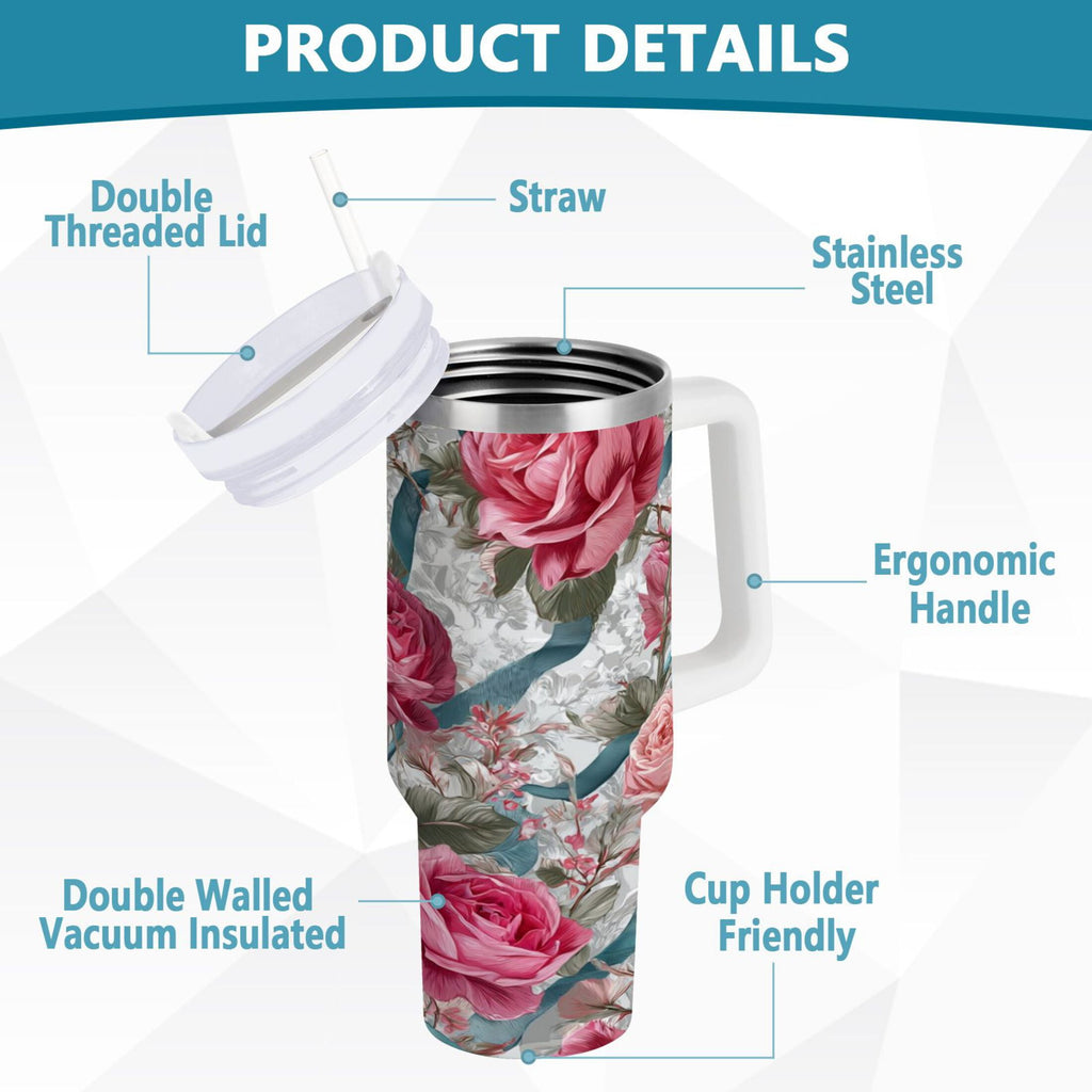 30 oz Insulated Stainless Steel Tumbler Double Wall Stainless Steel Tumbler with 2-Way Drinking Roses and Ribbons HK6M