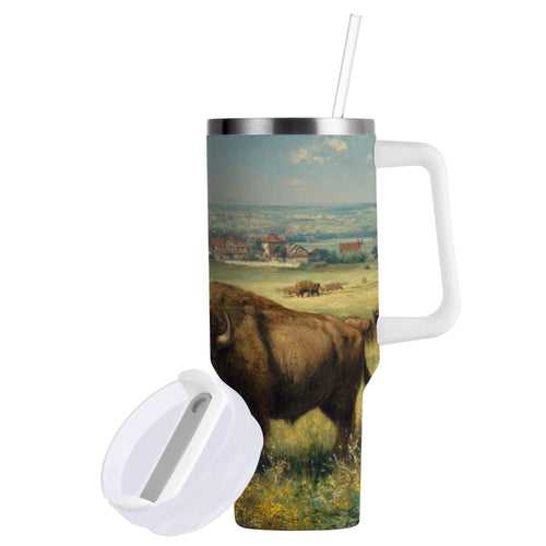 30 oz Insulated Stainless Steel Tumbler Double Wall Stainless Steel Tumbler with 2-Way Drinking Buffalo Herd Oil Painting 0OD7