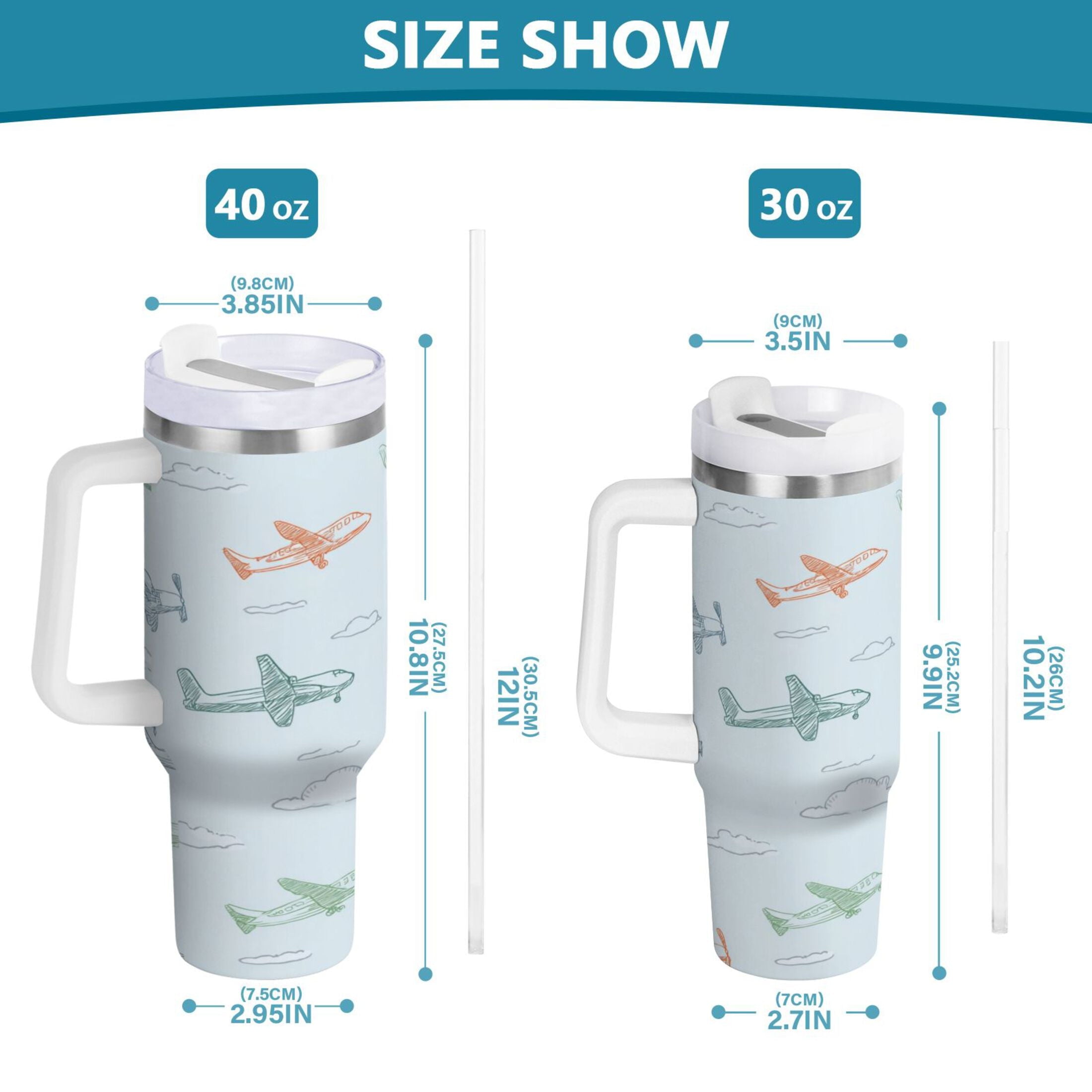 30 oz Insulated Stainless Steel Tumbler Double Wall Stainless Steel Tumbler with 2-Way Drinking Pastel Doodle Airplanes SUOH