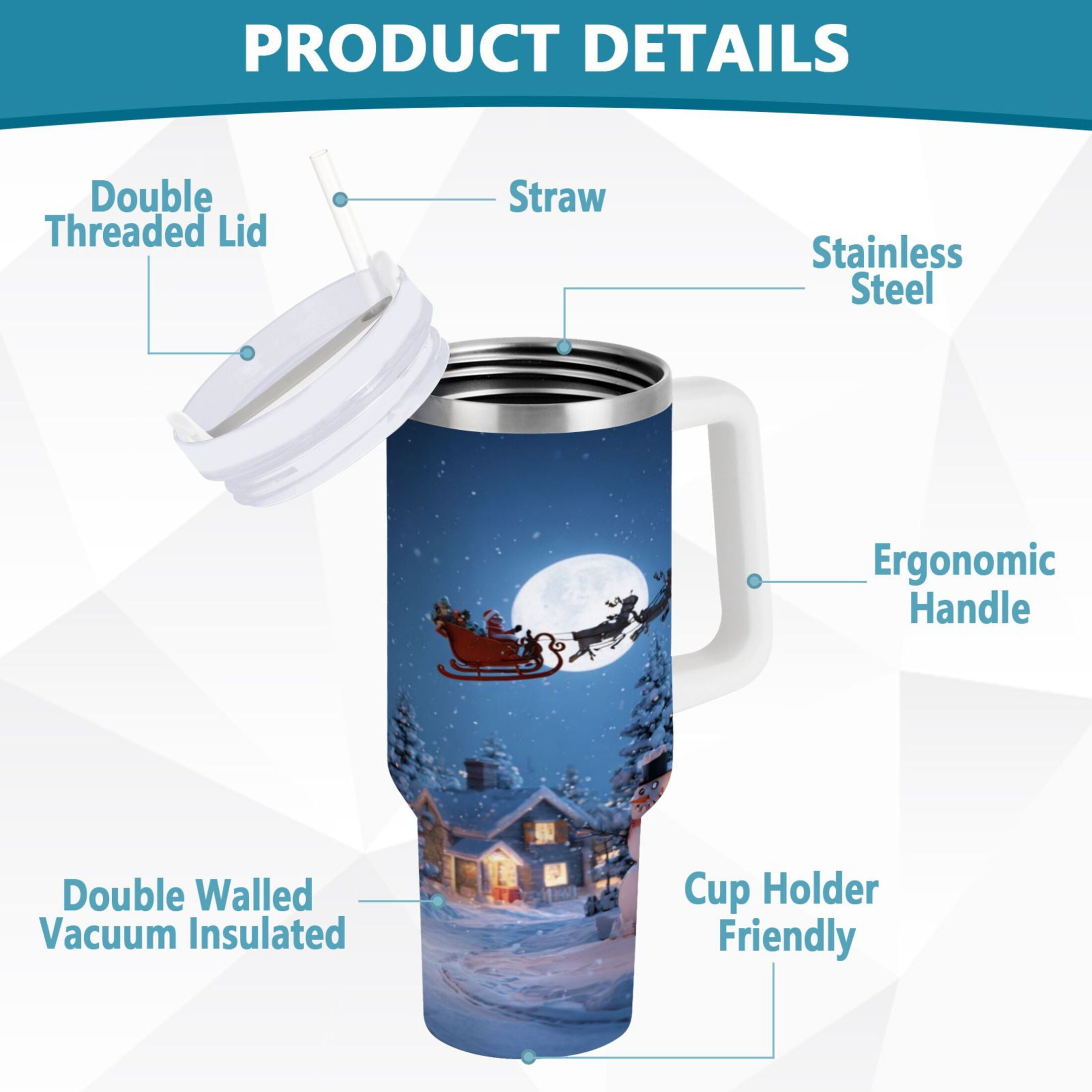 30 oz Insulated Stainless Steel Tumbler Double Wall Stainless Steel Tumbler with 2-Way Drinking Christmas Night Scene RKBP