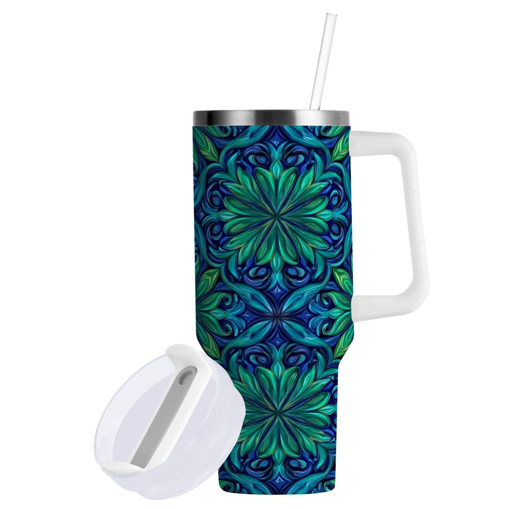 40 oz Insulated Stainless Steel Tumbler Double Wall Stainless Steel Tumbler with 2-Way Drinking Elegant Blue Traditional Patterns 99BN