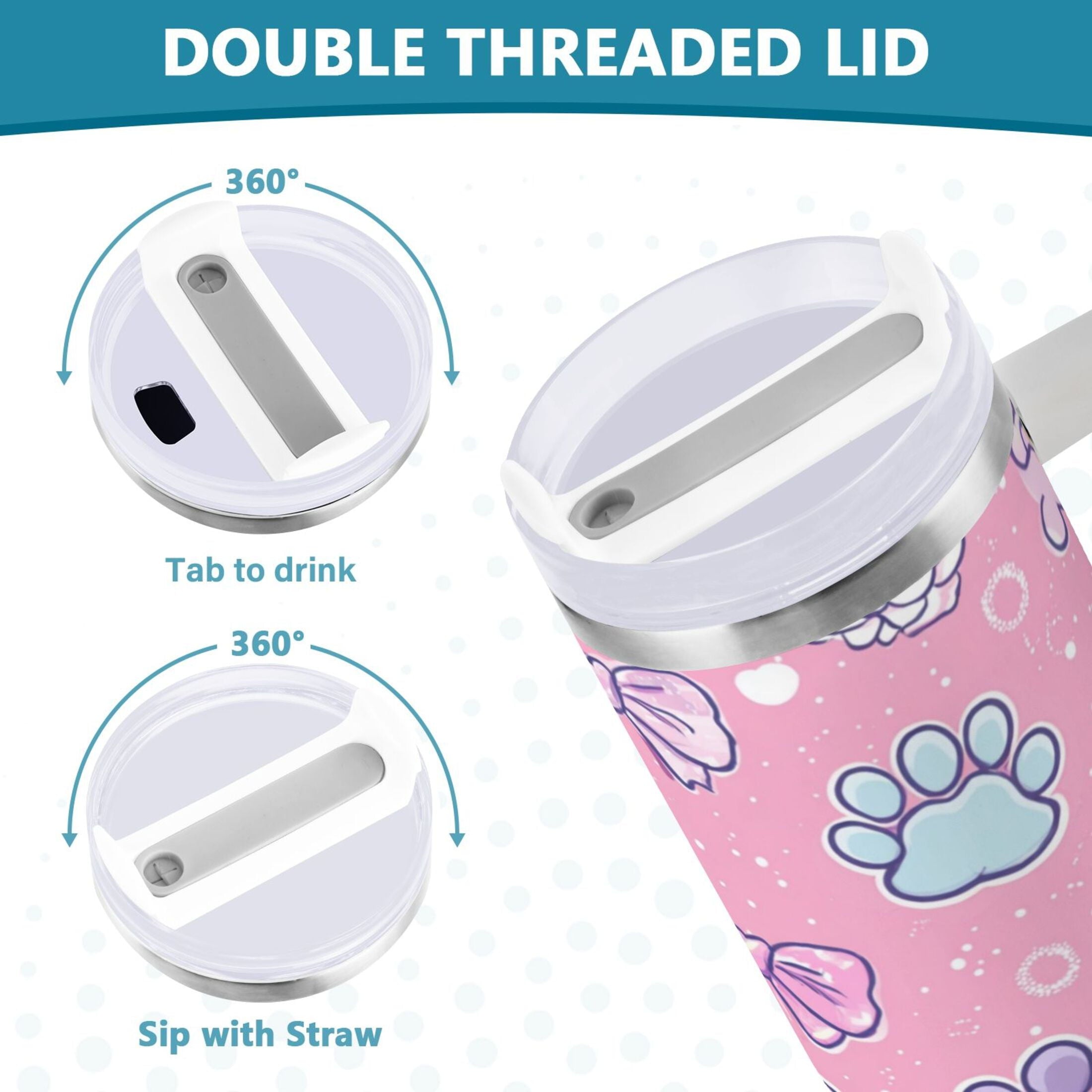 30 oz Insulated Stainless Steel Tumbler Double Wall Stainless Steel Tumbler with 2-Way Drinking Dog Paw Prints and Bows MYED