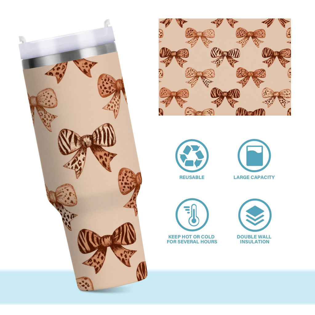 40 oz Insulated Stainless Steel Tumbler Double Wall Stainless Steel Tumbler with 2-Way Drinking Leopard Print Bow 59TL