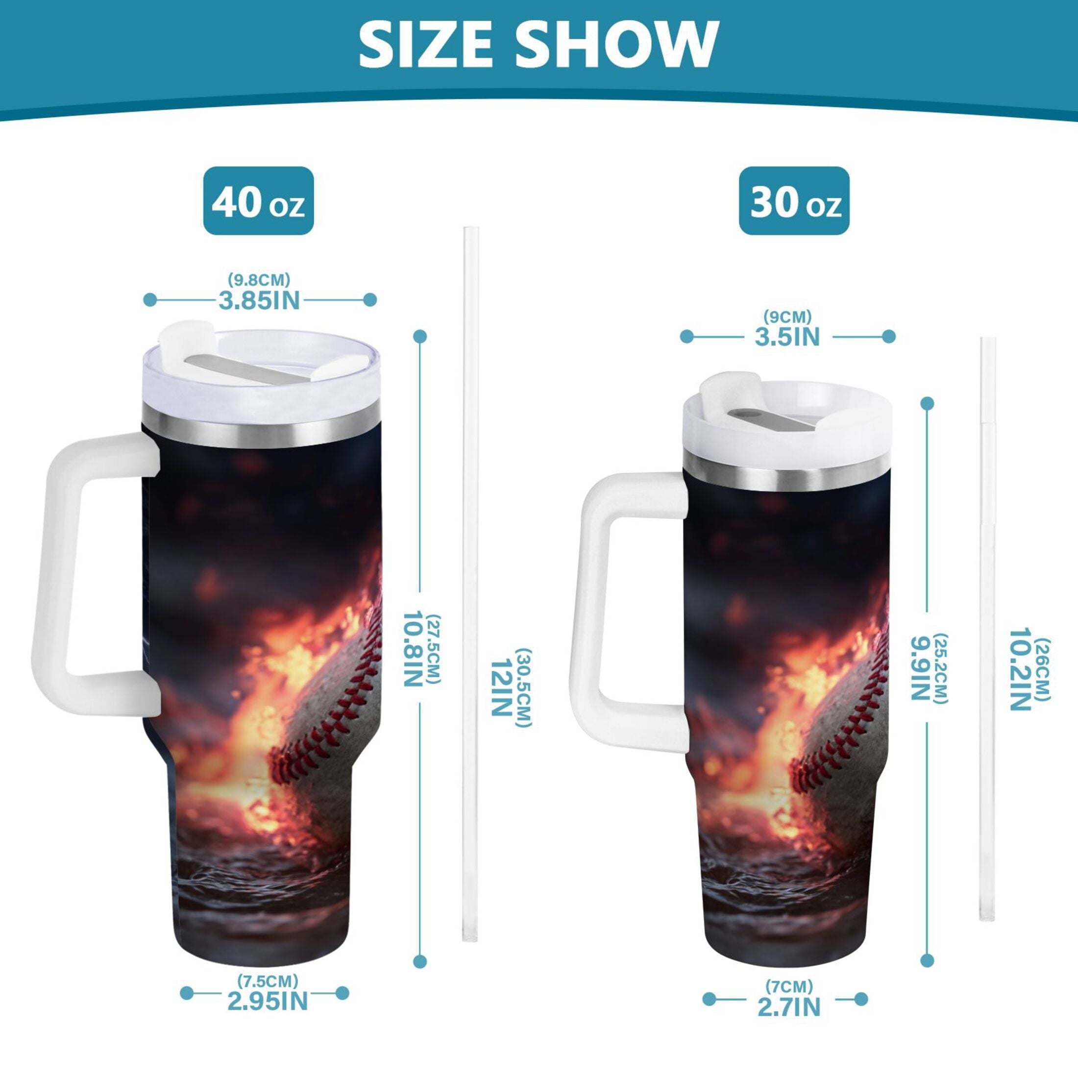40 oz Insulated Stainless Steel Tumbler Double Wall Stainless Steel Tumbler with 2-Way Drinking Baseball with Water and Fire L5AH