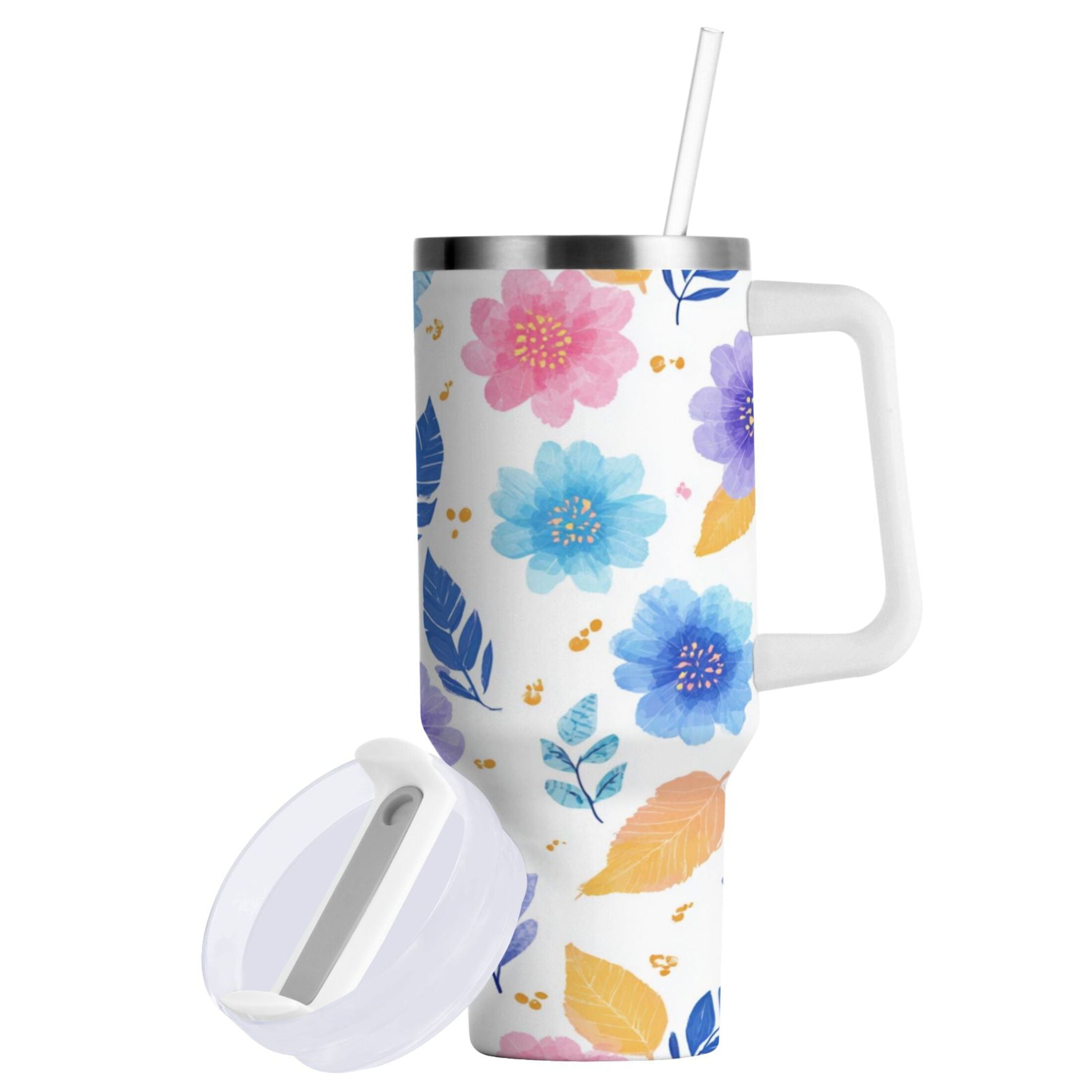 30 oz Insulated Stainless Steel Tumbler Double Wall Stainless Steel Tumbler with 2-Way Drinking Blue and Purple Flowers 48W9