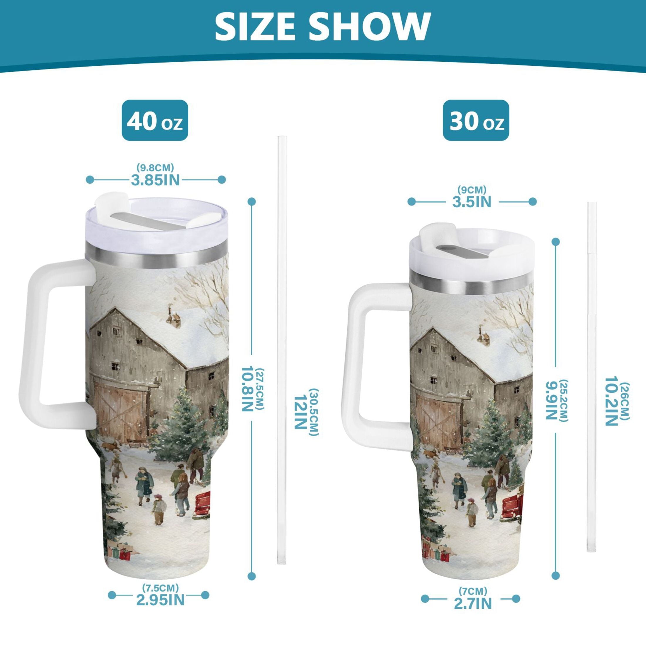 40 oz Insulated Stainless Steel Tumbler Double Wall Stainless Steel Tumbler with 2-Way Drinking Farm Snow Scene 7QPQ