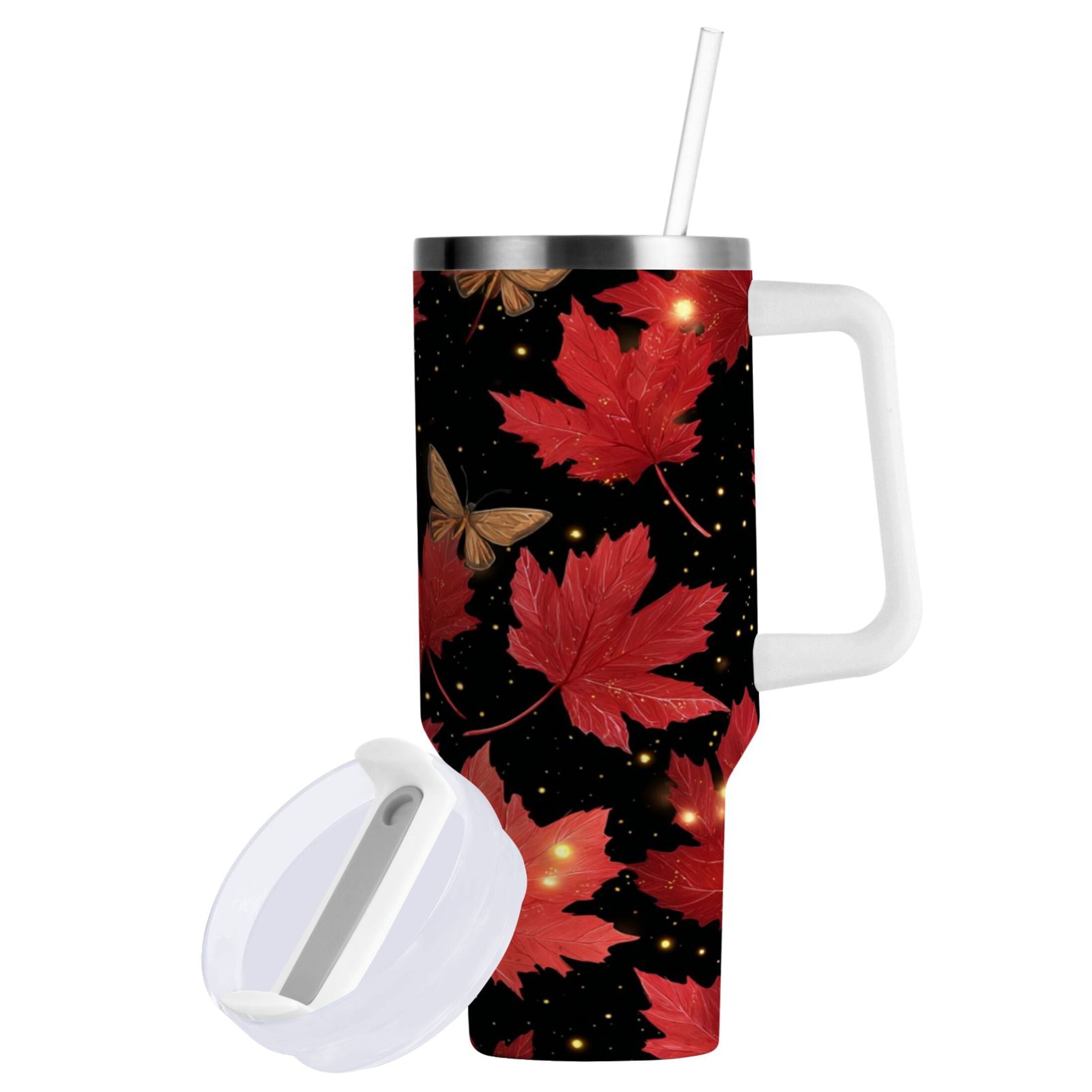 40 oz Insulated Stainless Steel Tumbler Double Wall Stainless Steel Tumbler with 2-Way Drinking Maple Leaves and Fireflies L4DA
