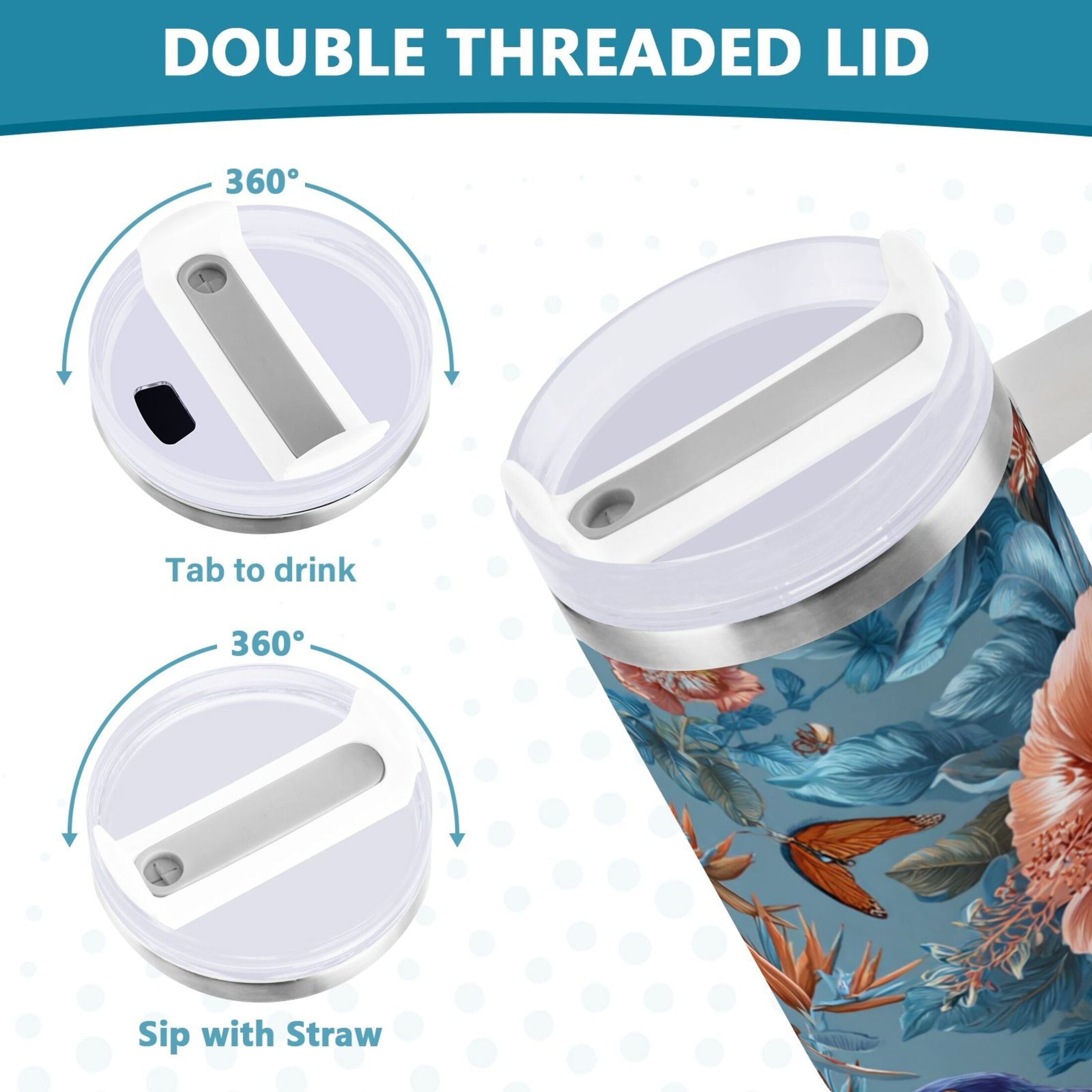 30 oz Insulated Stainless Steel Tumbler Double Wall Stainless Steel Tumbler with 2-Way Drinking Birds and Flowers VR5W