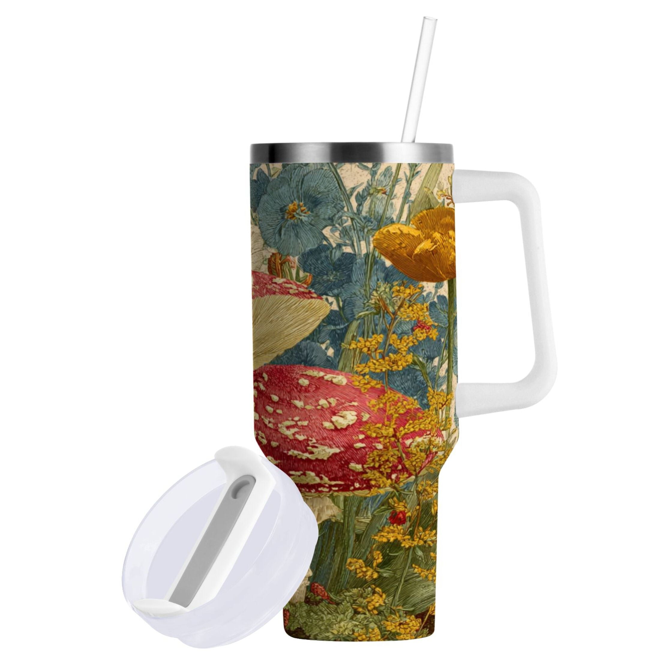 30 oz Insulated Stainless Steel Tumbler Double Wall Stainless Steel Tumbler with 2-Way Drinking Red Mushrooms with Flowers 4WBR