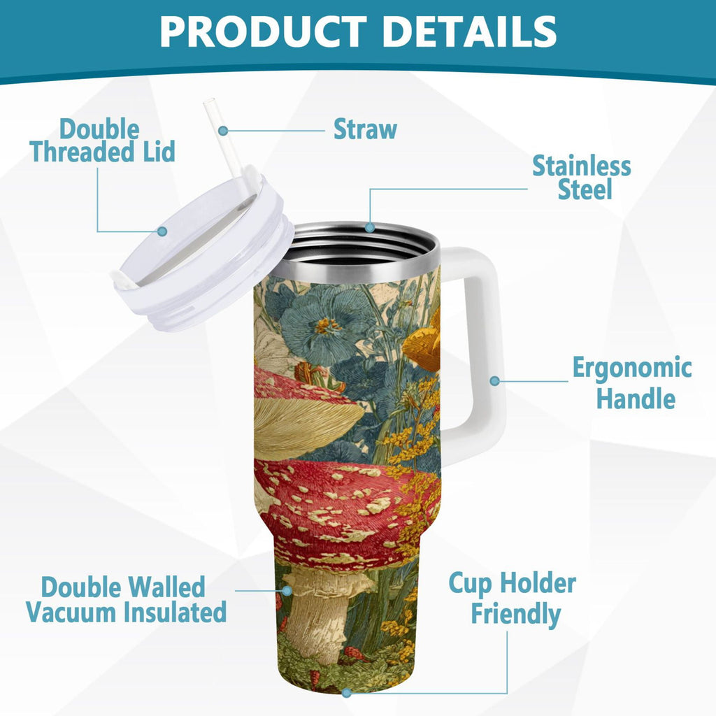 30 oz Insulated Stainless Steel Tumbler Double Wall Stainless Steel Tumbler with 2-Way Drinking Red Mushrooms with Flowers 4WBR
