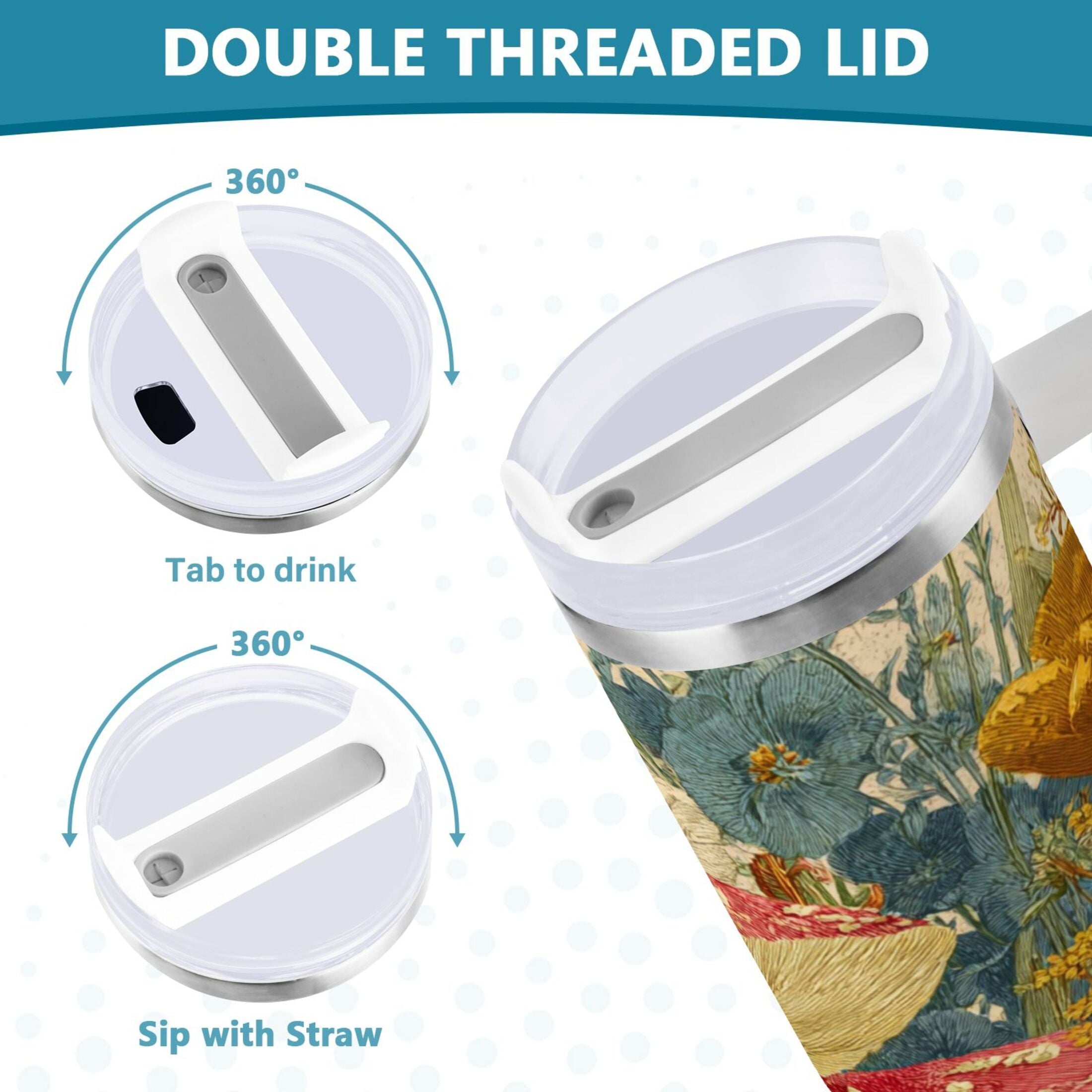 30 oz Insulated Stainless Steel Tumbler Double Wall Stainless Steel Tumbler with 2-Way Drinking Red Mushrooms with Flowers 4WBR