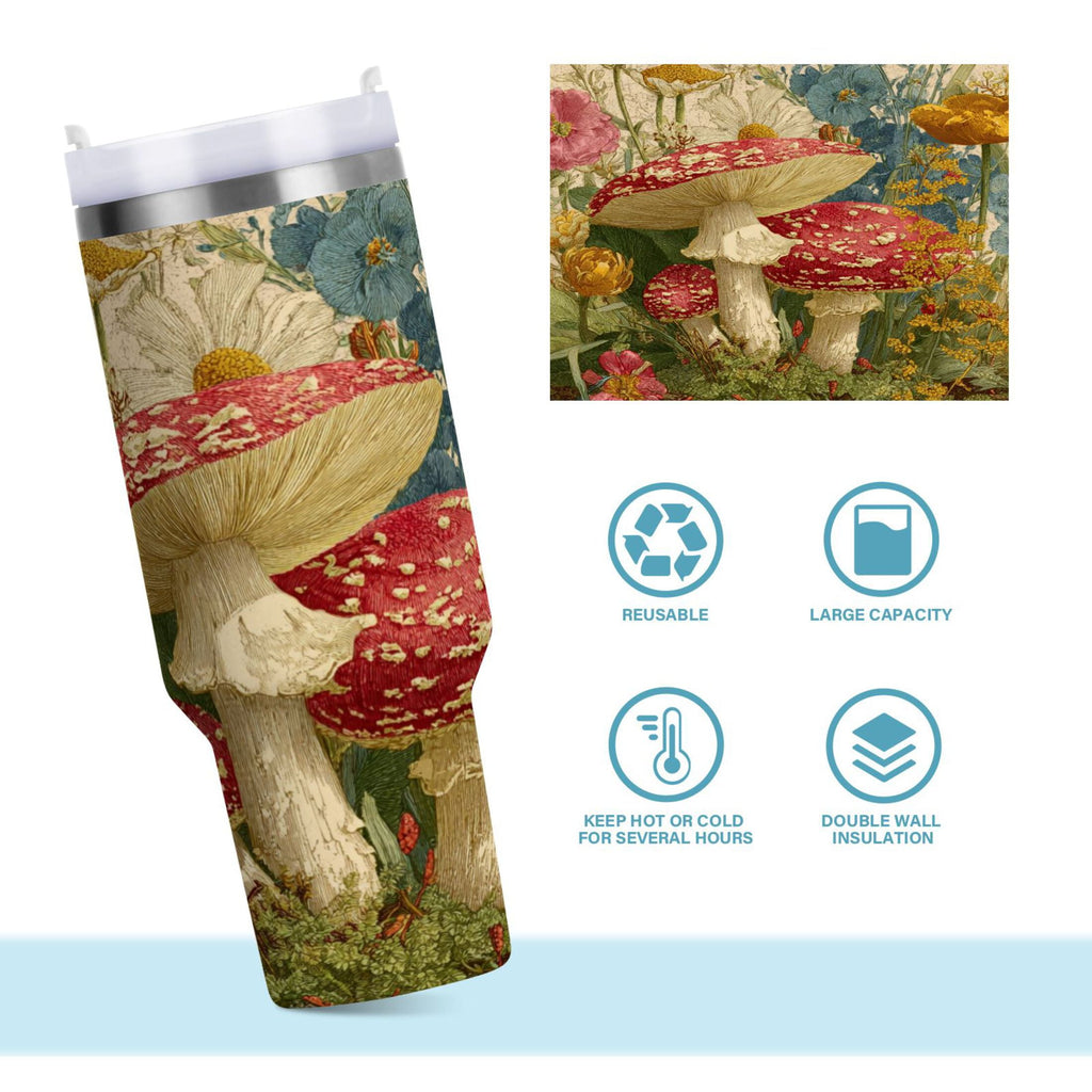30 oz Insulated Stainless Steel Tumbler Double Wall Stainless Steel Tumbler with 2-Way Drinking Red Mushrooms with Flowers 4WBR