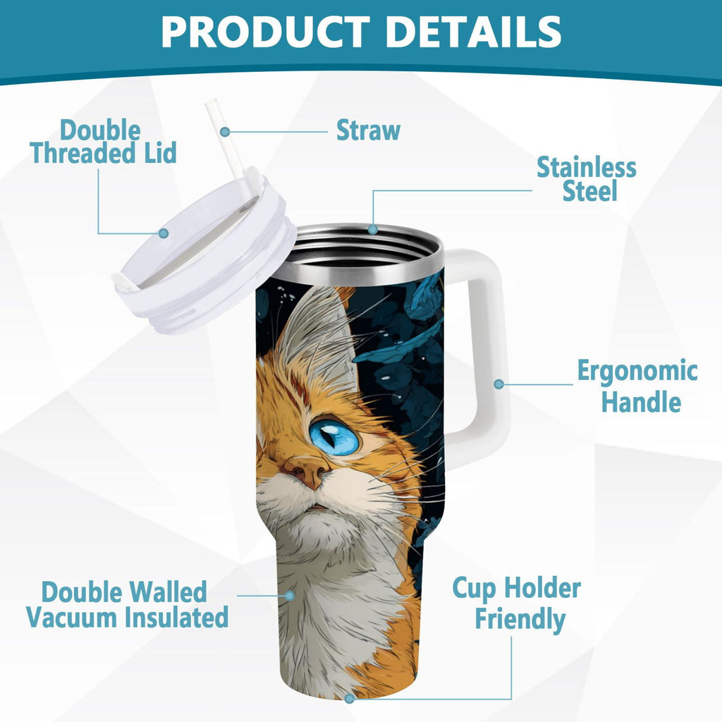 30 oz Insulated Stainless Steel Tumbler Double Wall Stainless Steel Tumbler with 2-Way Drinking Orange Cat with Blue Eyes GFEP