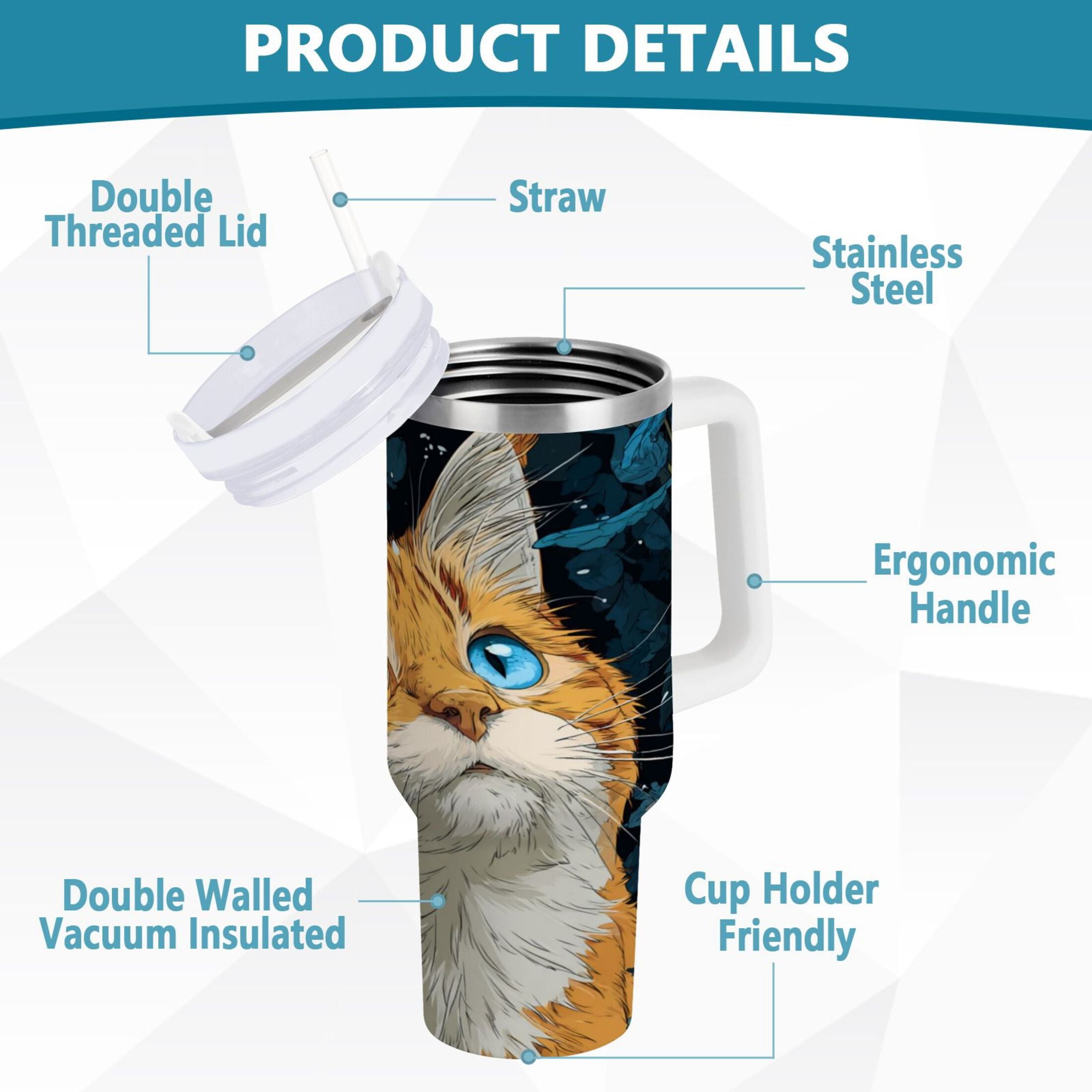 30 oz Insulated Stainless Steel Tumbler Double Wall Stainless Steel Tumbler with 2-Way Drinking Orange Cat with Blue Eyes GFEP