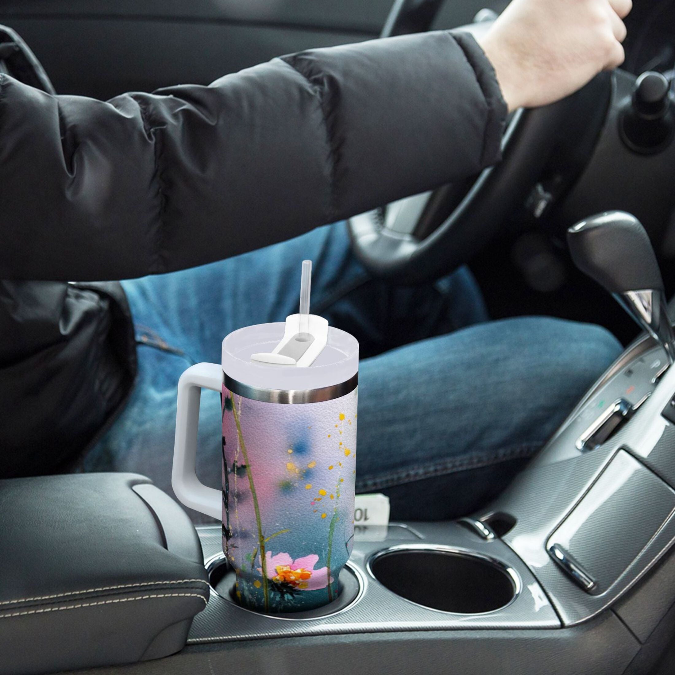 40 oz Insulated Stainless Steel Tumbler Double Wall Stainless Steel Tumbler with 2-Way Drinking Abstract Wildflowers UZH3