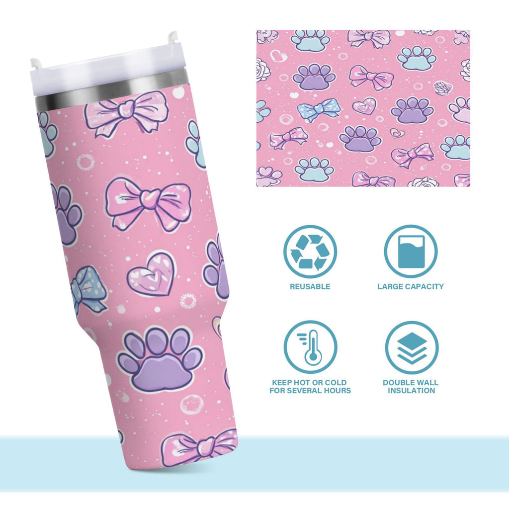 30 oz Insulated Stainless Steel Tumbler Double Wall Stainless Steel Tumbler with 2-Way Drinking Dog Paw Prints and Bows MYED