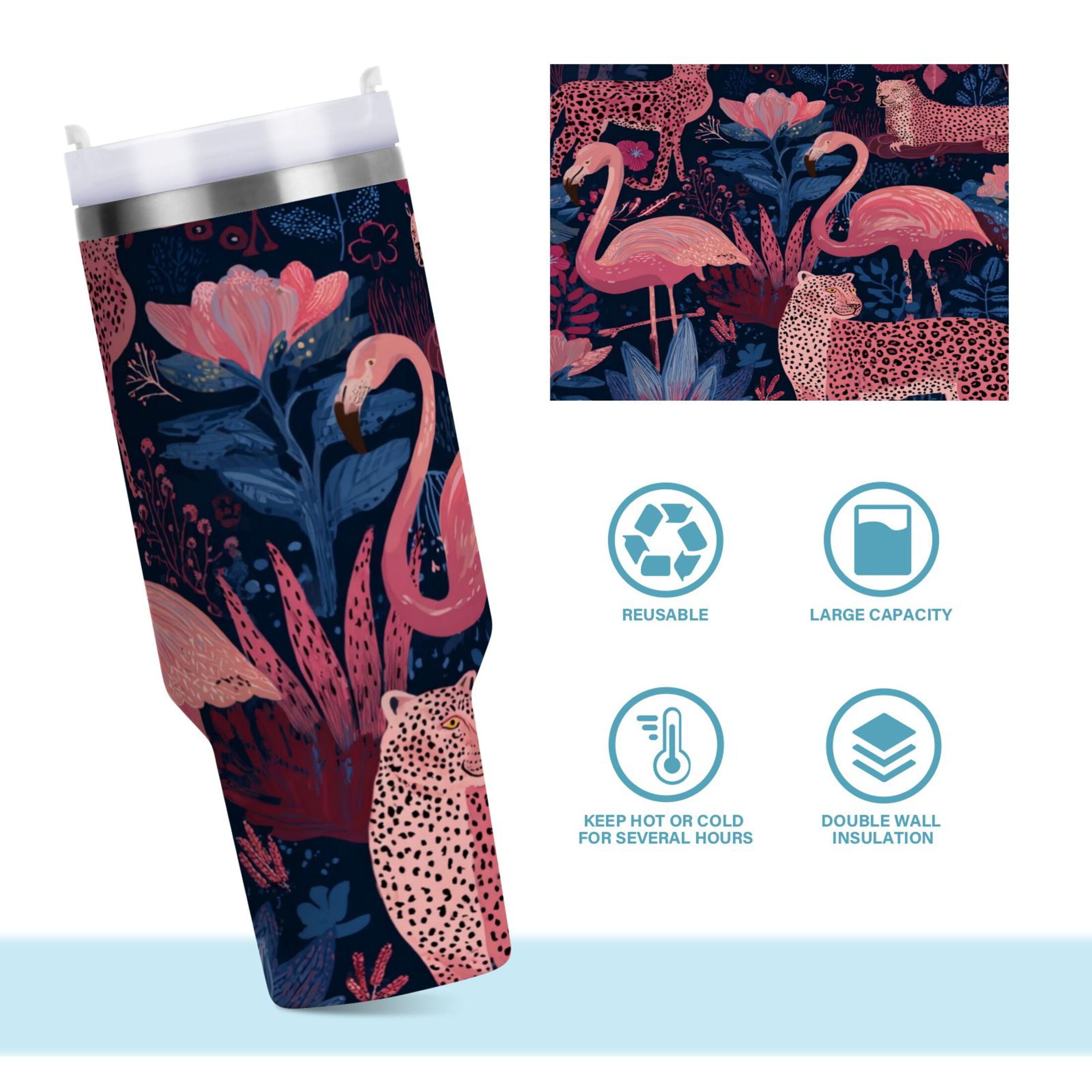 30 oz Insulated Stainless Steel Tumbler Double Wall Stainless Steel Tumbler with 2-Way Drinking Flamingos and Leopard Print 805Q