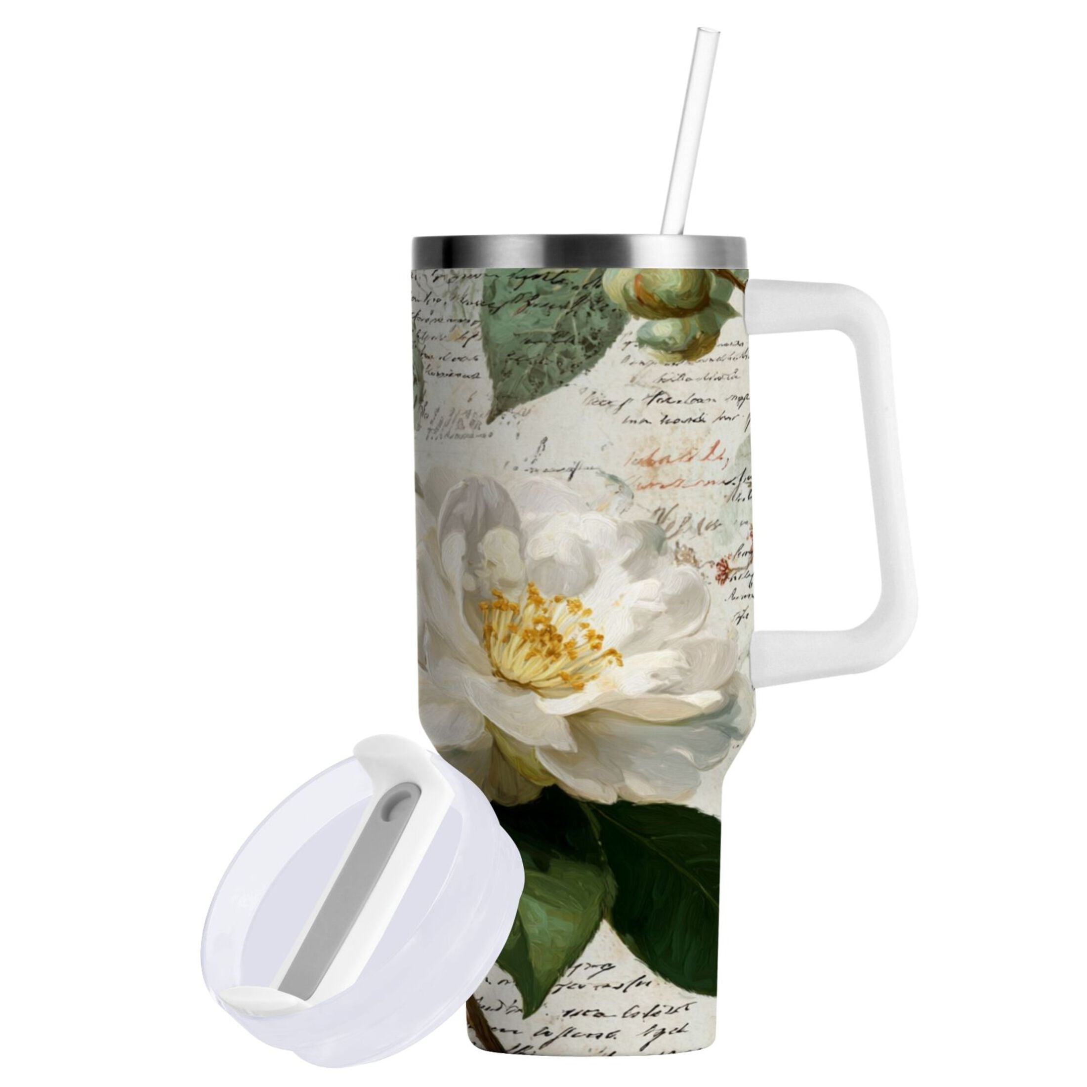 40 oz Insulated Stainless Steel Tumbler Double Wall Stainless Steel Tumbler with 2-Way Drinking Vintage White Camellias IBPN