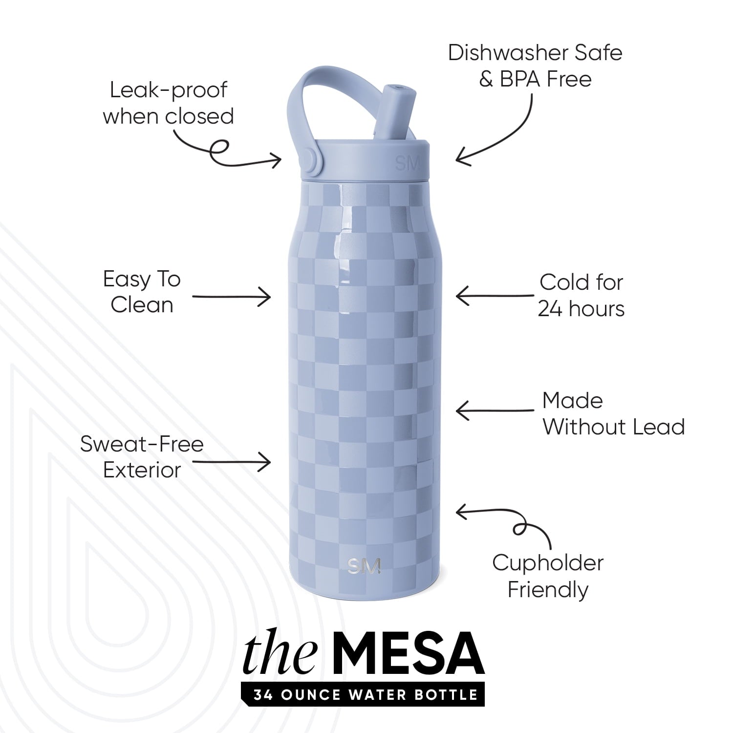 Simple Modern 34 fl oz Insulated Stainless Steel Mesa Wide Mouth Water Bottle with Handle and Push Button Straw Lid | Mystifying Blue Checkmate NS9D