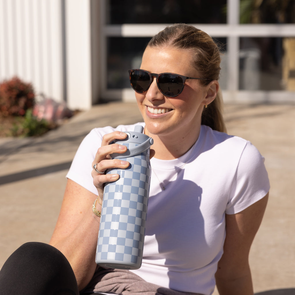 Simple Modern 34 fl oz Insulated Stainless Steel Mesa Wide Mouth Water Bottle with Handle and Push Button Straw Lid | Mystifying Blue Checkmate NS9D